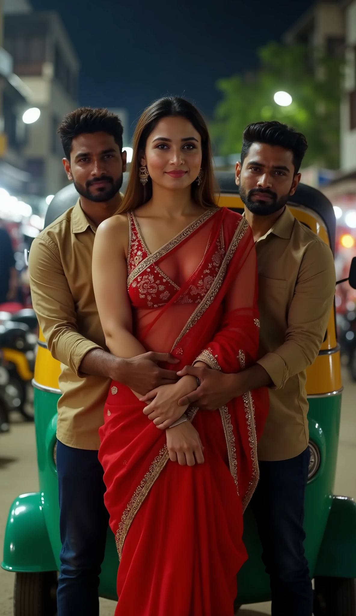 An Indian woman age 25 is dressed in a vibrant red transparent saree, surrounded by two men who have their hands on her. The saree features intricate golden embellishments. She is wearing a sleeveless blouse under the saree. Her hair is long and loose. She smiles at the camera. The men are in similar light khaki-colored shirts. The men's expressions are serious, almost watchful, their gaze directed at the woman. The scene takes place outdoors, possibly in a night market, under a soft night ambient lighting. The setting is a street, with an old yellow auto-rickshaw prominently featured in the mid-ground. Warm, saturated tones of deep reds and dark beige are used. The lighting is warm and dramatic, emphasizing the contours of the bodies, highlighting the woman's figure and the close proximity of the men. The composition is a medium close-up, focusing on the interaction between the figures. The atmosphere is tense, suggestive, and laced with intimacy. The image's overall tone is compelling and captivating.