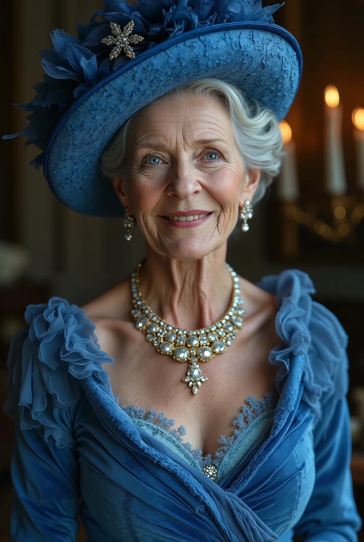 Black and White Photographic portrait, Front view, New character, name is Jessica, 60-age, (White English,beautiful face, short elegant gray hair, beautiful blue eye, cute lip, gold and blur 1 carat diamond neck less, diamond earring, blue gorgeous decoration hat, smile) , (big breasts), Blue elegant velvet dress, cinematic lighting ,1 candle light, from right upper lighting ,(masterpiece, Best Quality, high resolution on down, Realistic, sharp, RAW photos from the last century, wallpaper, perfection, Professional Lighting, very detailed)