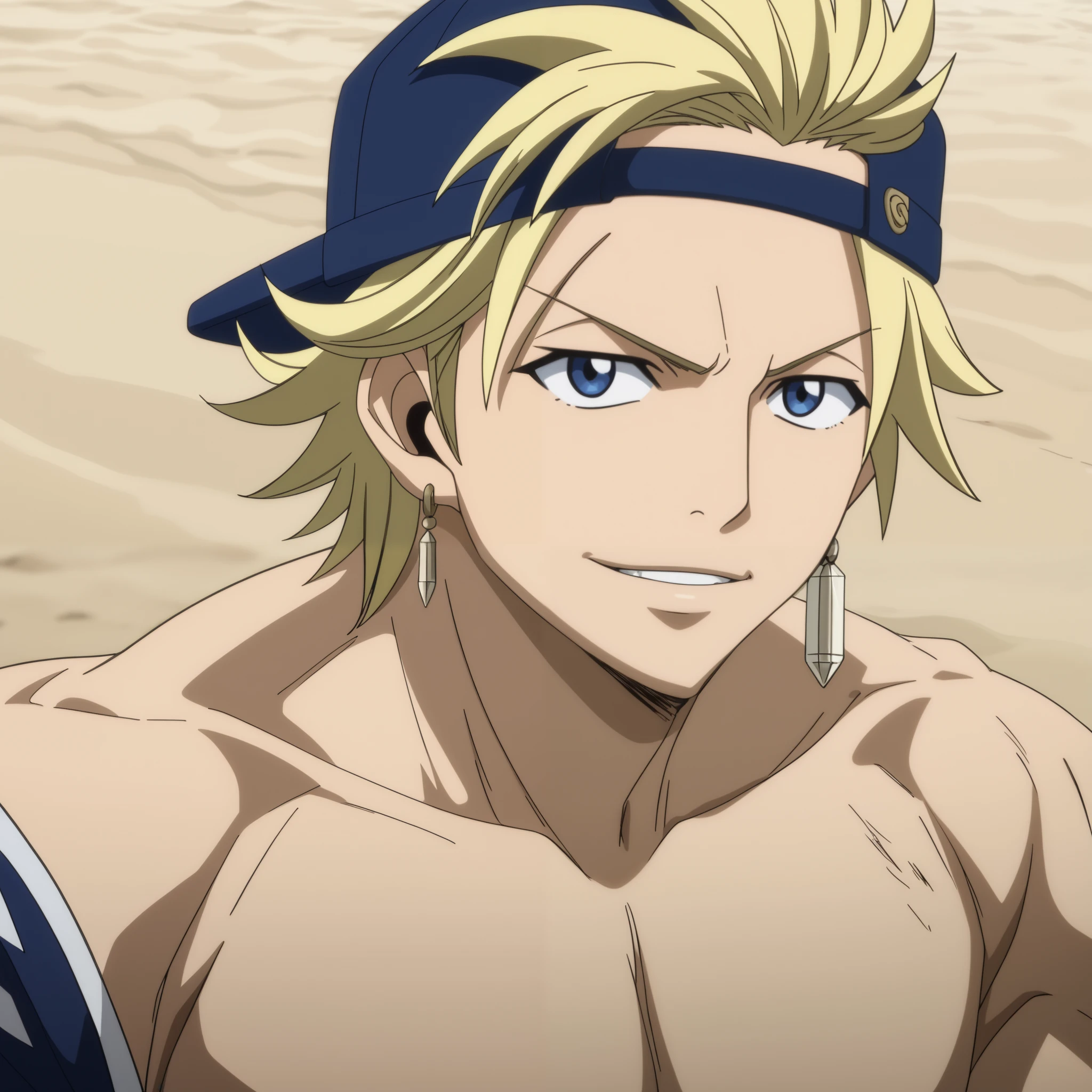 score_9, score_8_up, score_7_up, source_anime, StingFT, intricate details, Sting blonde hair (strands peeking from under cap), light yellow Sting single earring, 1boy, male focus, anime screencap, Sting shirtless, Sting toned torso (detailed muscles, realistic shadows), Sting blue swim trunks (modern design, subtle pattern), modern cap (fitted, navy blue, slightly tilted), sitting on beach, facing forward, confident and relaxed expression, tropical beach background (golden sand, turquoise water, palm trees in distance), sunlight (soft highlights on skin), bright and warm atmosphere, anime shading style (cell-shading), high-definition, cinematic framing, close-up, looking at viewer, relaxed face, smile