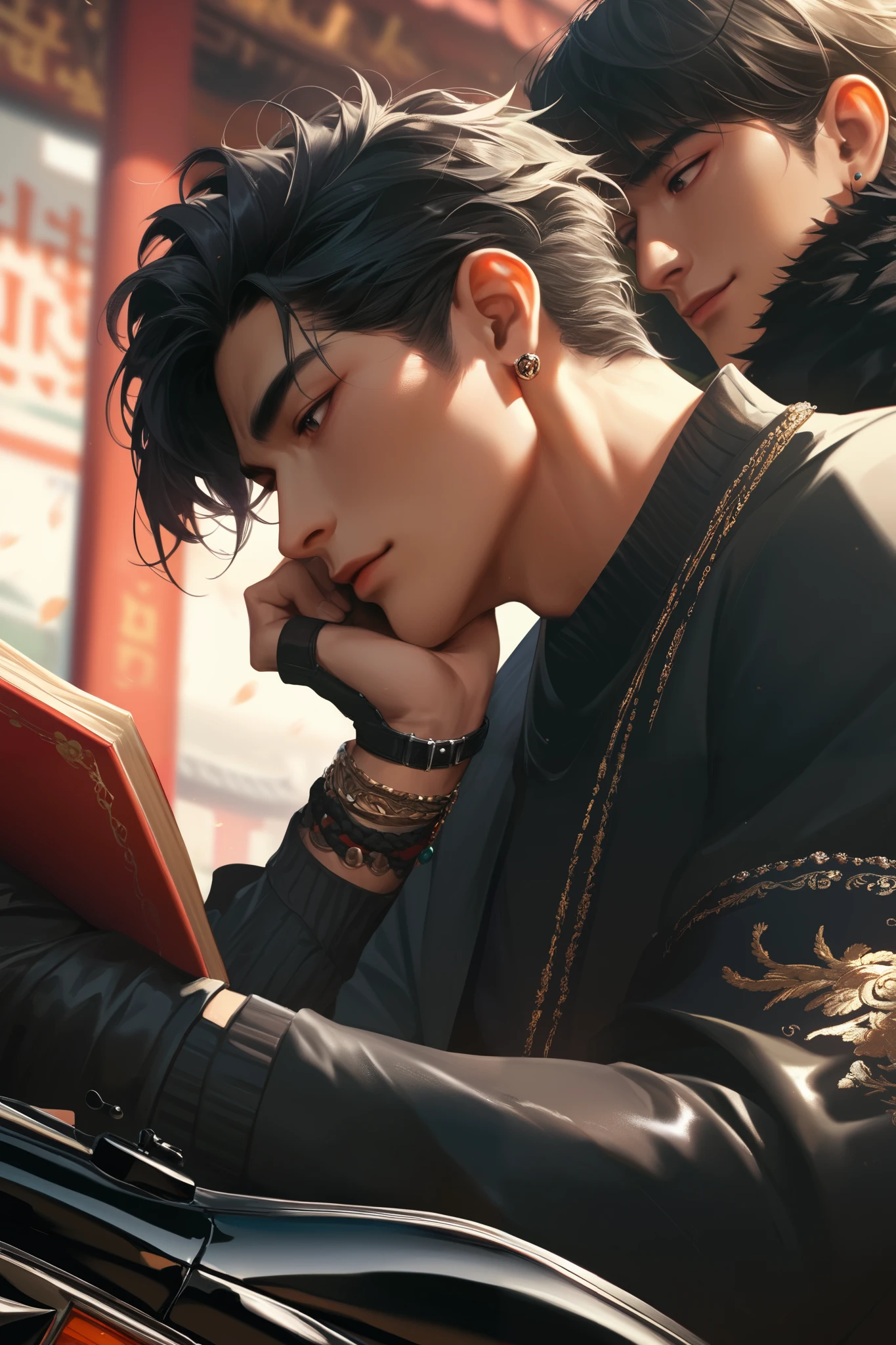 20-year-old Korean man with black hair with Korean hairstyle, holding a book , leaning on a black motorcycle