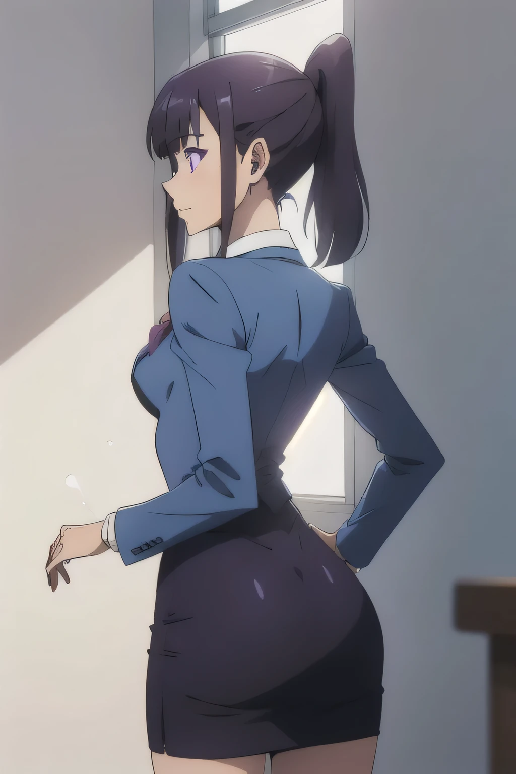 1 girl in, 18, photo of Sung Jinha, Solo Levelling Waifu, photo of perfect woman, Solo, Aesthetic artwork, (long hair, straight purple hair, long ponytail, dark purple hair, bangs: 1.25), (violet eyes, clear skin, fare skin, small breasts, B-cup, runners body, very thin waist, skinny, petite, detailed skin texture, (Masterpiece), (shot from behind, up skirt, focus on ass:1.2), (blank background, plain background, blank wall, (wearing a tuxedo, dress shirt, bowtie, blazer, suit jacket, waistcoat, bodycon miniskirt, pencil skirt, jewelry), (extremely detailed 8k wallpaper), soft lighting, high quality, film grain, 50mm, High Detail, Sharp focus, (natural light), (cowboy photo:1.2), light particles