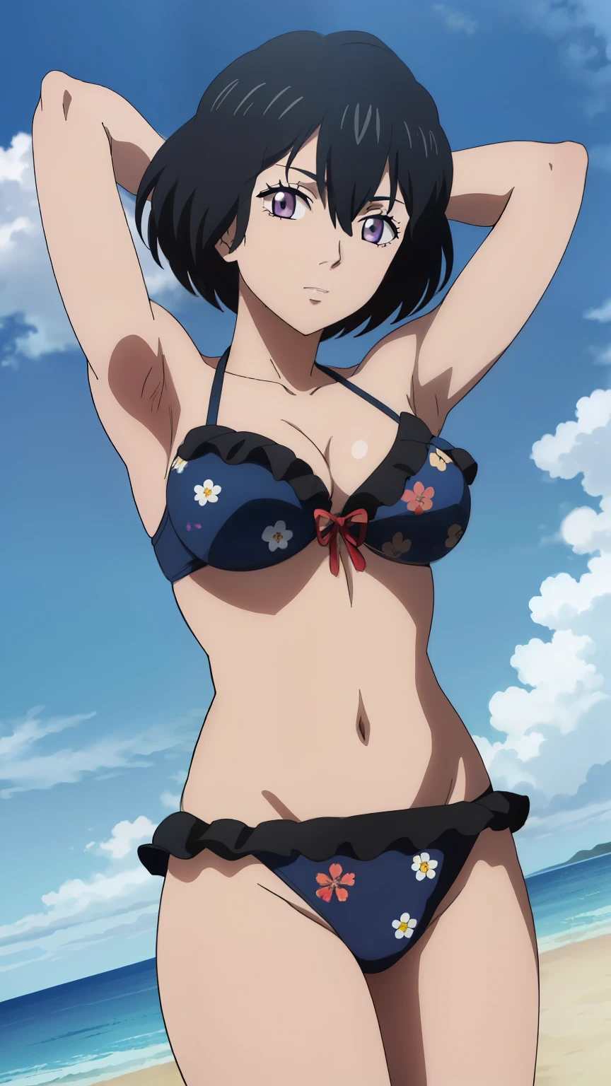 kuchiki_rukia, thick outlines, standing in water upto knee, cherry blossom in background, with big breast, lean body, wearing bikini, photorealistic, solo, detailed eyes, front view, view from front