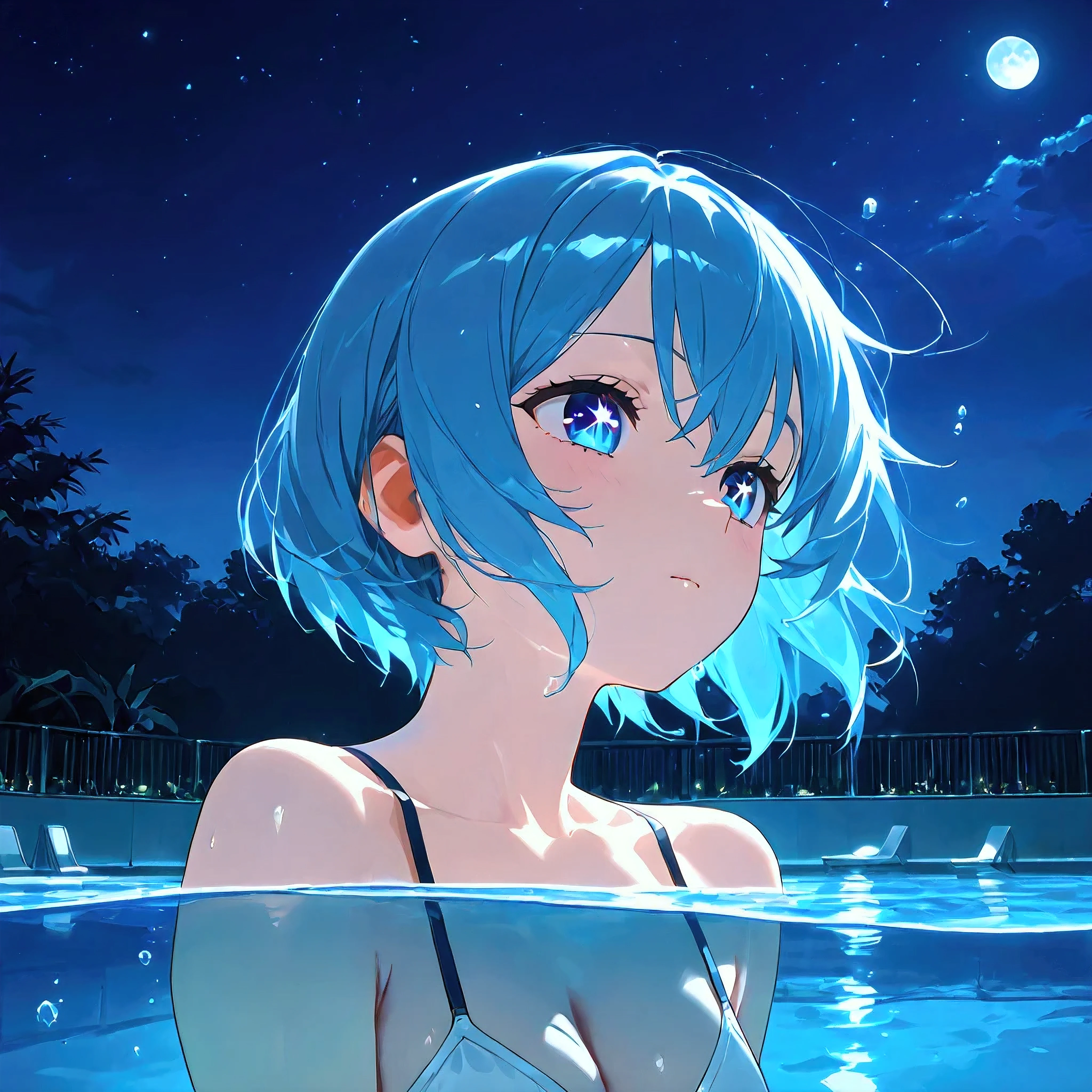 masterpiece, best quality, amazing quality, very aesthetic, high resolution, ultra-detailed, absurdres, newest, Anime screencap, highly detailed, high quality, hyper-Detailed, xmc. BREAK. 1girl, solo, short hair, black, night, pool, moon, reflection, starry eye, underwater