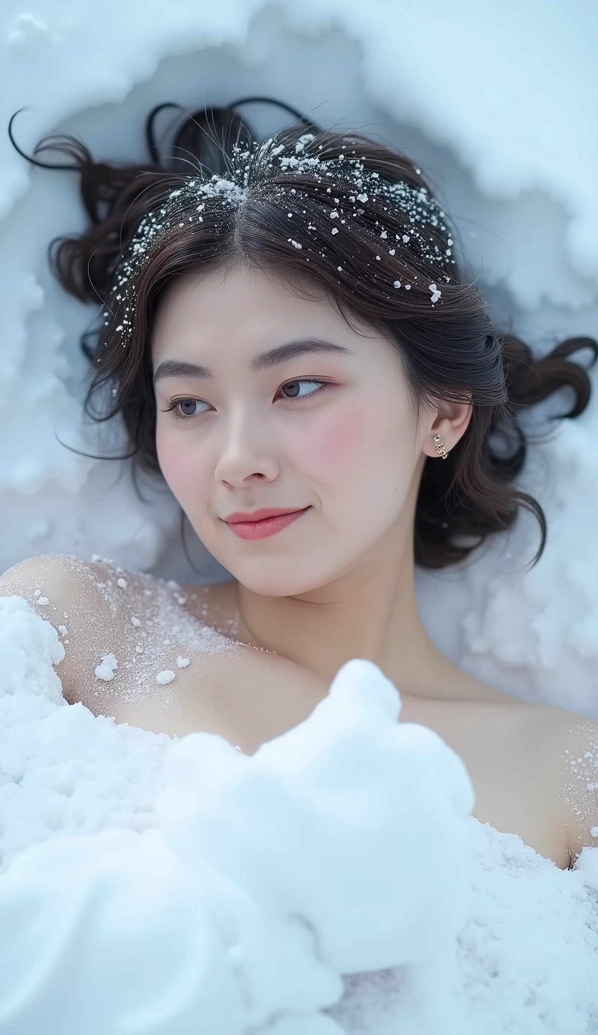 A high resolution photograph of a Japanese woman buried in the snow with only her upper shoulders exposed. Powder snow falls on her. Intricate details, 8k,