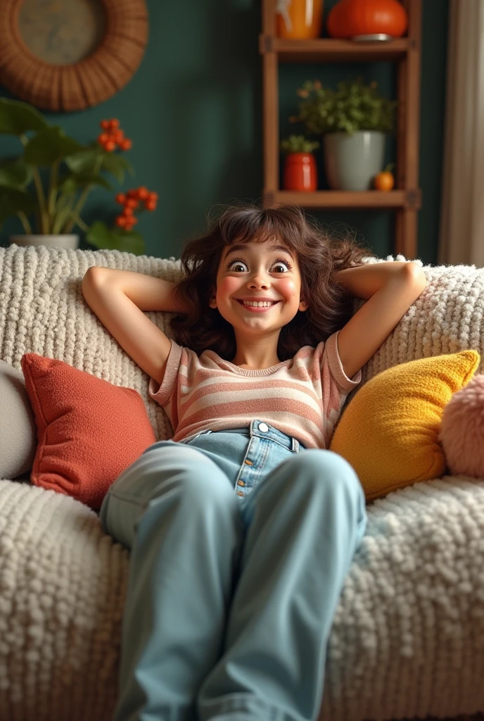 A brunette girl with curly hair and big breasts sits with her legs stretched out, taking a realistic pose
