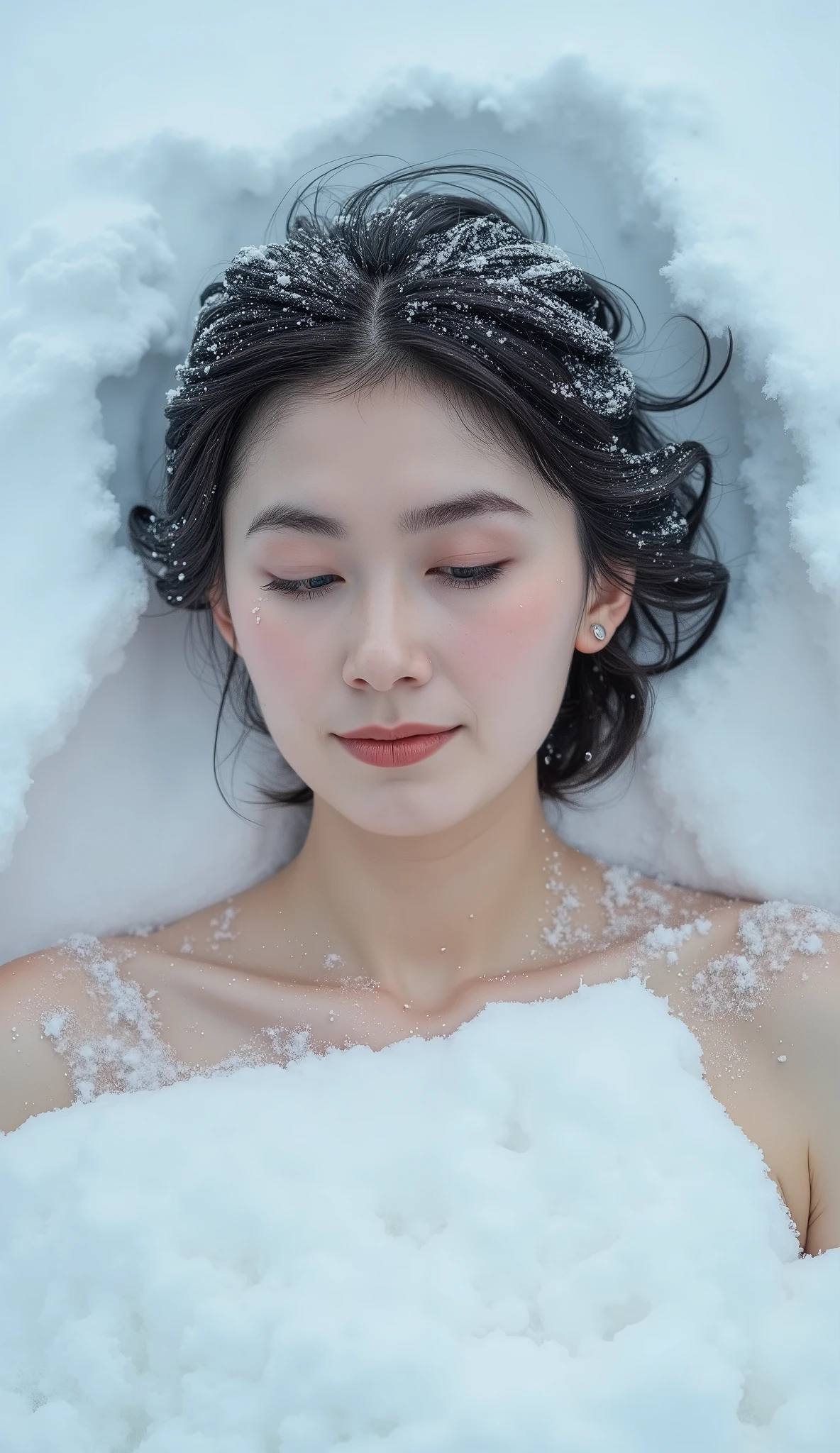 A high resolution photograph of a Japanese woman buried in the snow with only her upper shoulders exposed. Powder snow falls on her. Intricate details, 8k,