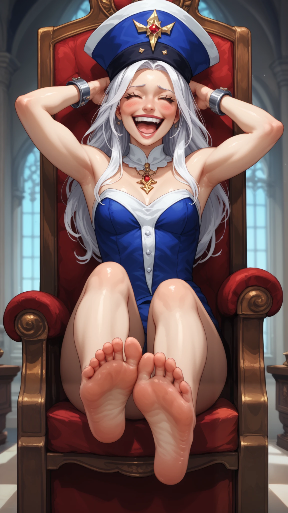 Stylish wizard woman, athletic and sexy, aristocratic outfit, long silk wizard robes, wizards hat, barefoot, long hair. in a lab, padded into a chair, Soles polished by automatic brushes. barefoot, heavy laughter. Seductive body, feminine appearance, laughing, bound by padding and straps, in a restraining chair, laughing, (gloved hands touching all over body) , armpits tickled, ribs tickled, tickle torture, tickling, wizards tower background, blush