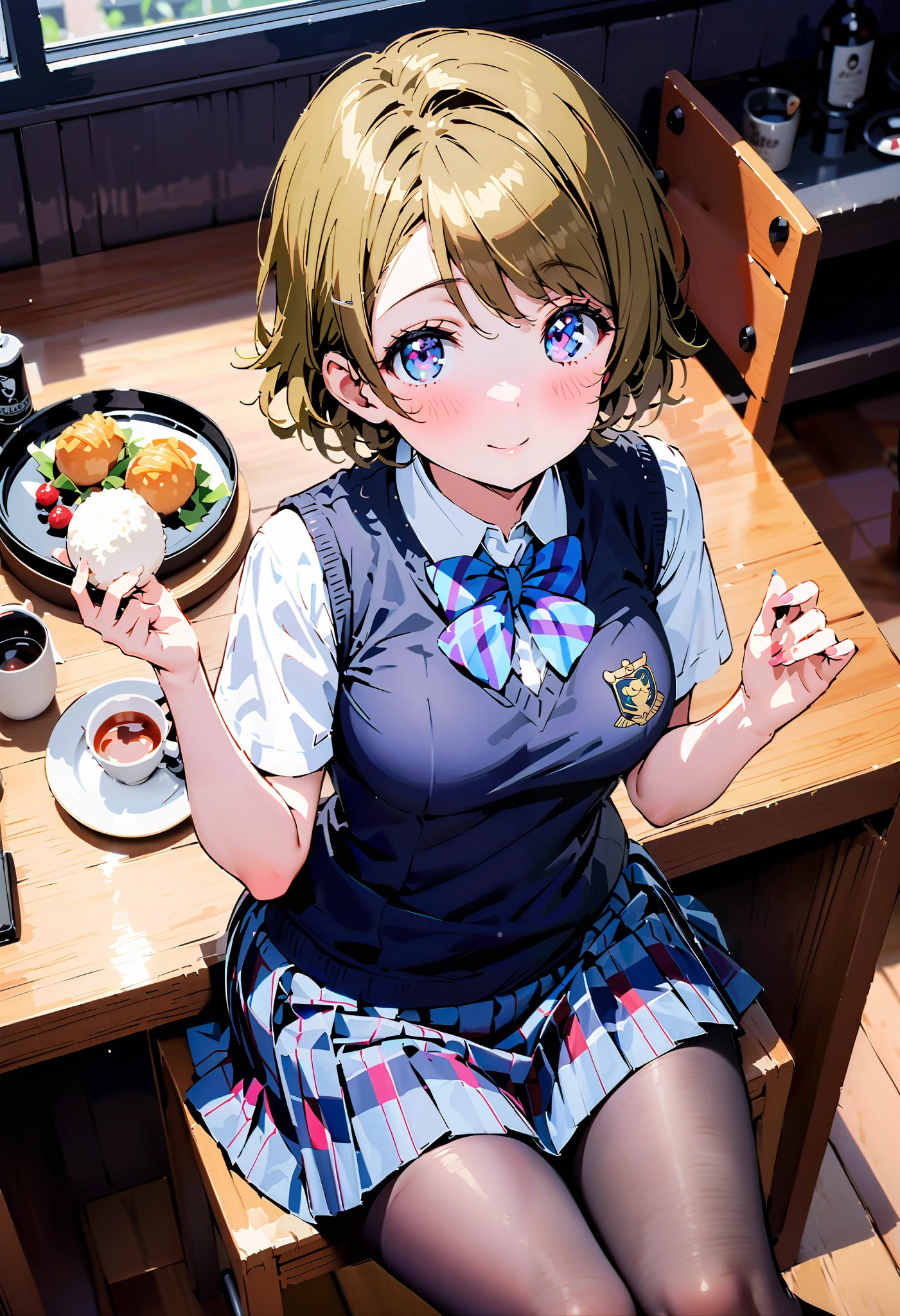 Hanayo Koizumi, short hair while on a business trip, Alone, tea hair, purple eyes,Medium breast,smile,blush, narrow your eyes, mouths,Glasses, skirt , bow, school uniform , socks , check pattern , knee-high, check pattern skirt , sweater vest, summer uniform, otonokizaka school uniform ,rib tights , gray pantyhose , sitting on a chair,Holding a triangular rice ball with both hands,eating rice ball,whole bodyがイラストに入るように, break looking at viewer,whole body,
break indoors, Club room,
break (masterpiece:1.2), best quality , kampala,unity 8k wallpaper,(shape:0.8),( fine, beautiful eyes :1.6),It's a person ,whole body写真,CG Details , ( perfect hand, complete anatomy),),
