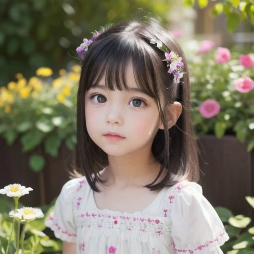 (Little girl: 1.5), lace, ribbon, Hanfu, (masterpiece, side light, delicate and beautiful gray eyes: 1.2), masterpiece, realistic, glowing eyes, shiny hair, dark hair, long hair, shiny skin, solo, awkward, strapless, delicate, beautiful, garden, flowers, fluttering petals, hyper-realistic painting, super 8k HD, high quality, highest quality, 32k --v 6, high resolution, 4k hd, watermark smooth, image big resolution 4Mb + data, realistic color, filmography, paintings 3d,