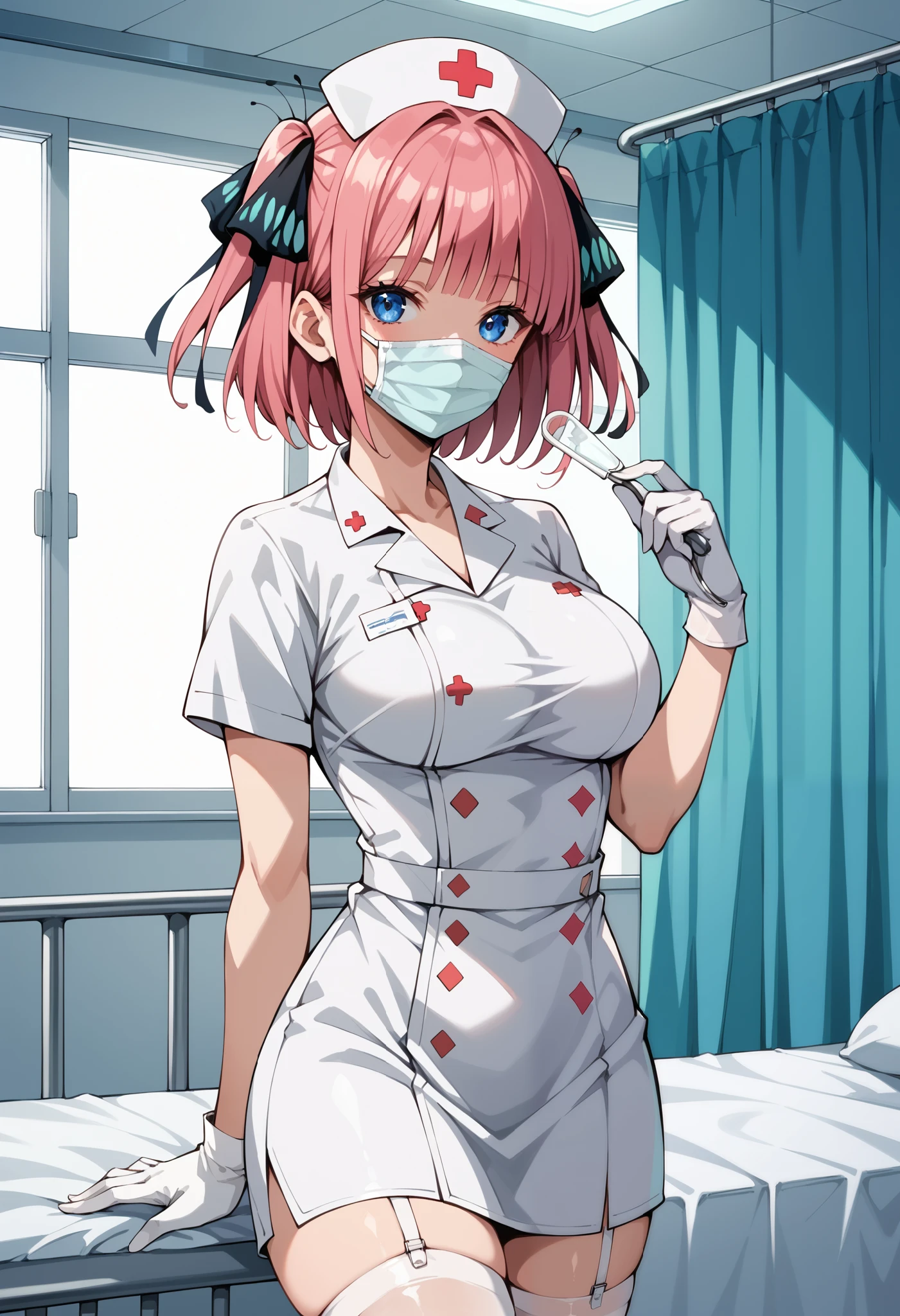 1woman, solo, nurse, nurse cap, white wear, ((white legwear, zettai ryouiki)), white gloves, pink hair, green eyes, drooping eyes, ((white surgical mask, covered nose)), standing, ((hospital room)), sharp outline, short sleeves, mature female, 32 years old, best quality, masterpiece