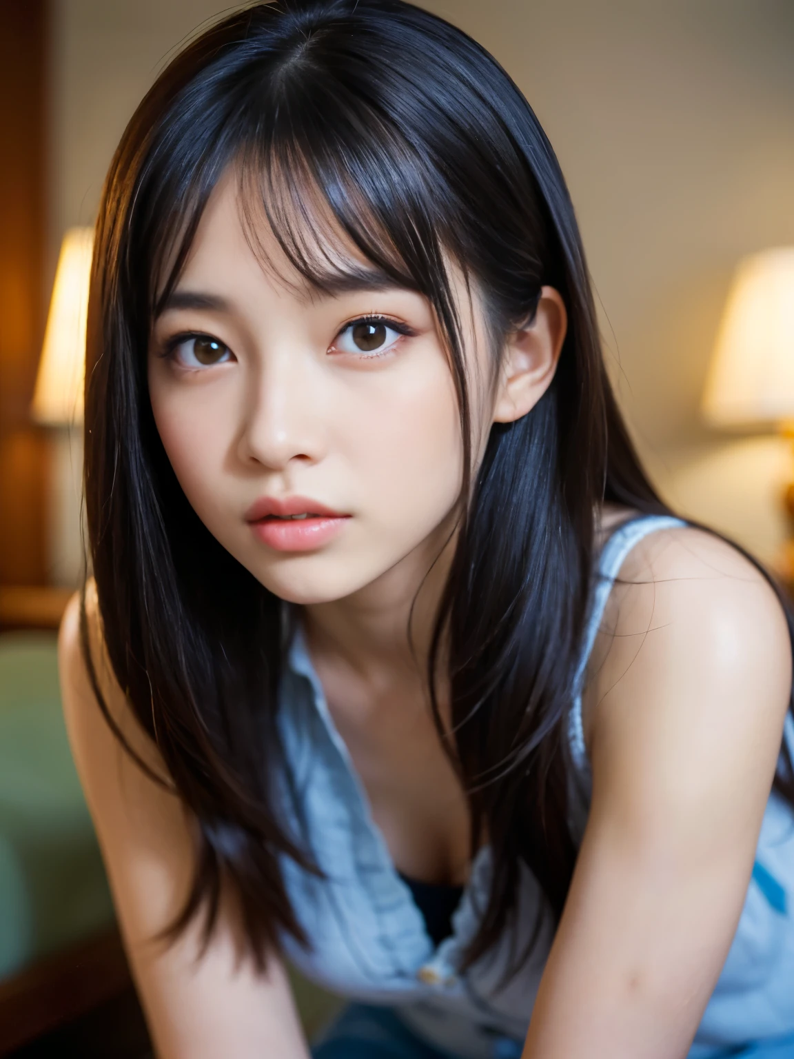 Highest quality、masterpiece、Ultra-high resolution、(Photorealistic:1.4)、Raw photo、1 girl:1.4、13 years、Detailed facial image quality、Detailed eyes and blue eyes、Black Hair、Glowing Skin、Embarrassed expression、1. Mechanical Girl、((Ultra-Realistic Details))、Portrait、Global Illumination、Shadow、Octane Rendering、8K、Super sharp、(Huge boobs:1.4)、Bare skin exposed in the cleavage、Wired chest of drawers:1.4、A round, complicated machine attached to the top of the bust:1.2、Fine Line Contractor:1.3, (The abdomen has exposed skin:1.3)、Exposed armpits、Both arms are handcuffed、Wires pull both arms up from the ceiling、(Raise your arms:1.4)、I can see the side、(Cable arm:1.4)、Metal、Intricate decorative detailore about Japan、Very intricate details、Light、CGSoation Trend、Purple eyes、Shining Eyes、 the camera、Neon detailed mechanical limbs、Blood vessels connected to tubes、Exposed buttocks、Squat with your legs together、Wires and cables connected to the head、Gundam、Small LED Lamp、Detailed skin texture、8mm fisheye lens、Angle from the super bottom, Detailed CG image quality