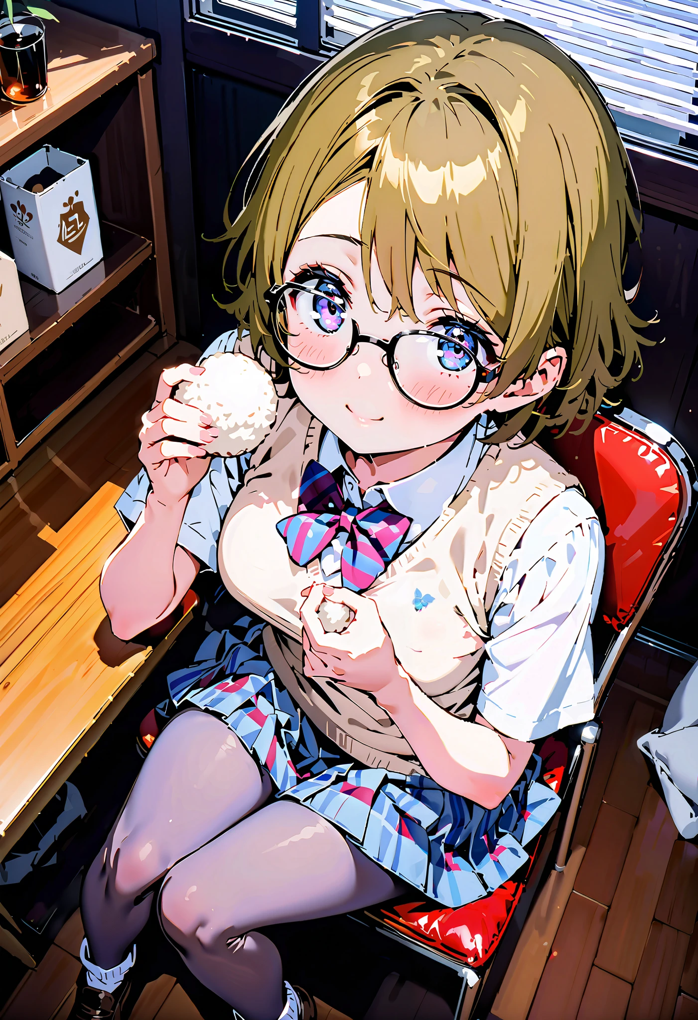 Hanayo Koizumi, short hair while on a business trip, Alone, tea hair, purple eyes,Medium breast,smile,blush, narrow your eyes, mouths,Glasses, skirt , bow, school uniform , socks , check pattern , knee-high, check pattern skirt , sweater vest, summer uniform, otonokizaka school uniform ,rib tights , gray pantyhose , sitting on a chair,Holding a triangular rice ball with both hands,eating rice ball,whole bodyがイラストに入るように, break looking at viewer,whole body,
break indoors, Club room,
break (masterpiece:1.2), best quality , kampala,unity 8k wallpaper,(shape:0.8),( fine, beautiful eyes :1.6),It's a person ,whole body写真,CG Details , (perfect hand, complete anatomy),),