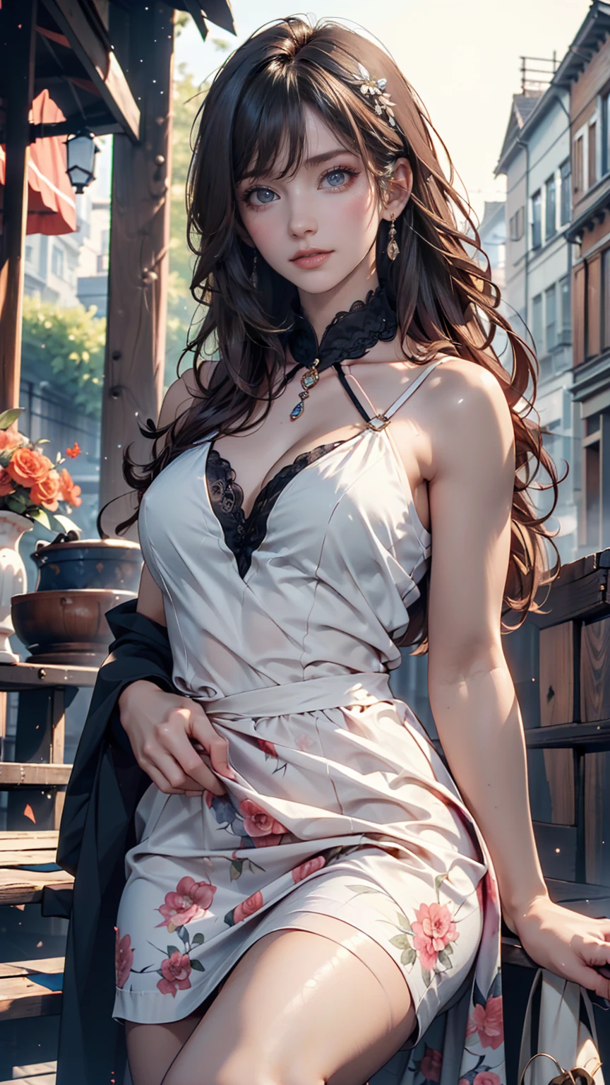 (masterpiece:1.2), (Highest quality:1.2), Perfect Eyes, Perfect Face, Perfect lighting, One girl, Mature goth girl woman standing with hands out in front of her, Long Hair, Complicated hairstyle, compensate, Black Lips, Thick eyelashes, sad, melancholy, Dressed as a goth girl, Black and white lace dress, Frills, ribbon, Puffy sleeves, Bare shoulders, Lace choker, jewelry, peaceful, quiet, Chill, Detailed outdoor background, Beautiful Landscape, Fantasy, summer, sunny, Sunburned, Flowers, wood  