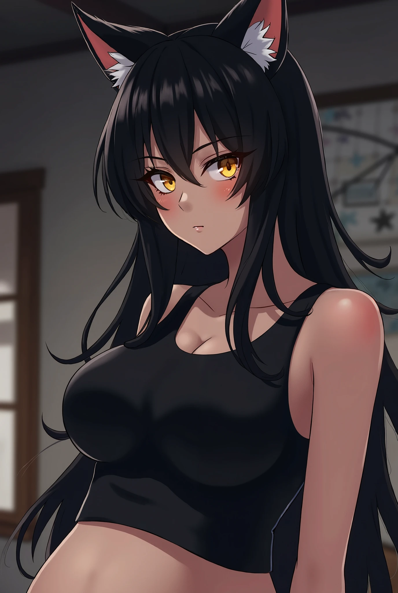 professional artwork, Intricate Details, field of view, sharp focus, detailed painting, photorealistic lighting, trending on pixiv,(masterpiece:1.0),(best_quality:1.0), ultra high res, ultra-detailed, photography, 8K, HDR, highres, absurdres:1.2, Kodak portra 400, film grain, sharp focus, bokeh:1.2, lens flare, (vibrant_color:1.2), (((indoors, dark night district))), Annerose, 1girl, female mature, ((long hair, only black hair:1.4)), (yellow eyes), large breasts, ((leotard)), soft skin, hair intakes, (1girl:1.4, solo:1.4), (upper body, half body shot), confident, energetic