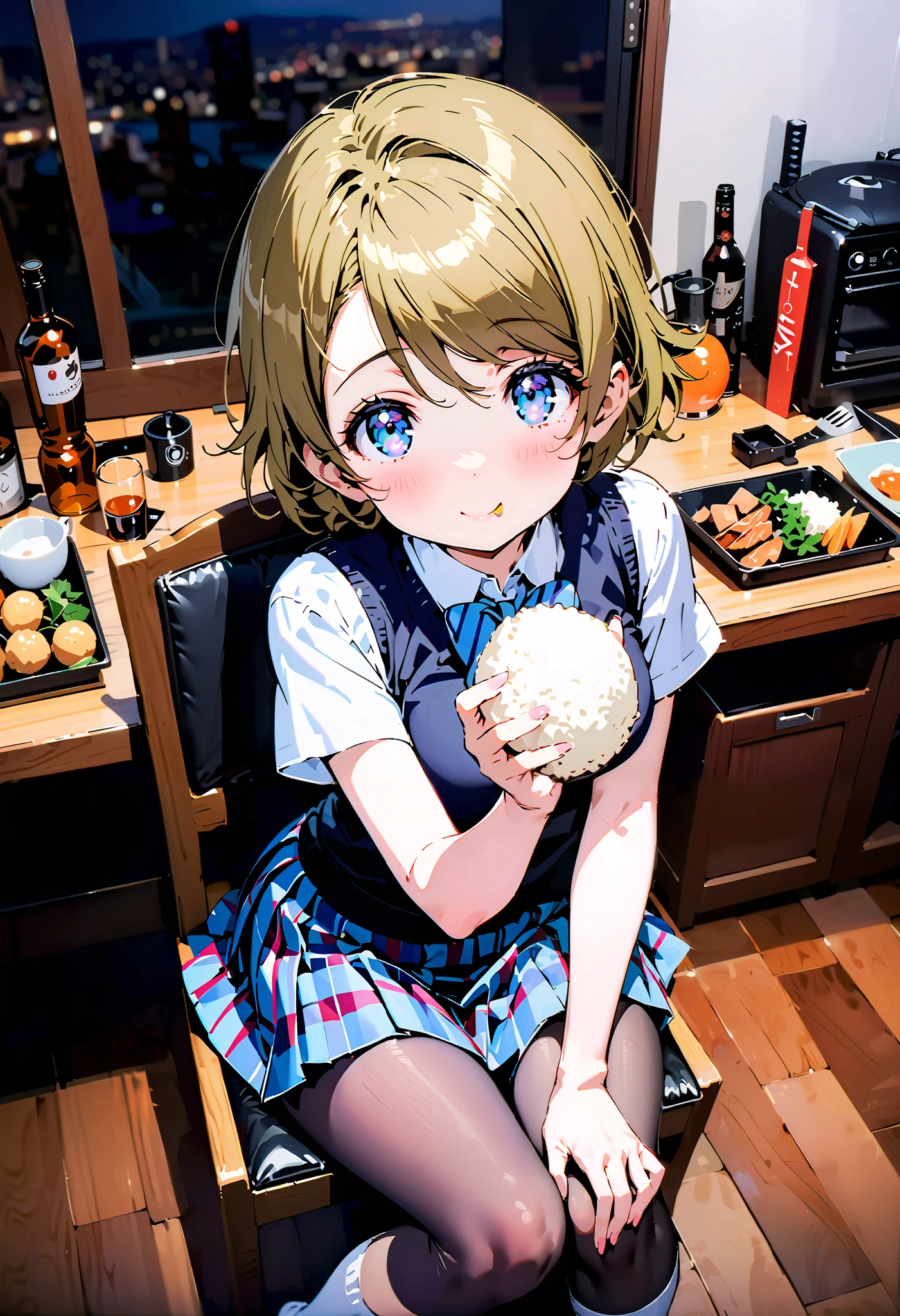 Hanayo Koizumi, short hair while on a business trip, Alone, tea hair, purple eyes,Medium breast,smile,blush, narrow your eyes, mouths,Glasses, skirt , bow, school uniform , socks , check pattern , knee-high, check pattern skirt , sweater vest, summer uniform, otonokizaka school uniform ,rib tights , gray pantyhose , sitting on a chair,Holding a triangular rice ball with both hands,eating rice ball,whole bodyがイラストに入るように, break looking at viewer,whole body,
break indoors, Club room,
break (masterpiece:1.2), best quality , kampala,unity 8k wallpaper,(shape:0.8),( fine, beautiful eyes :1.6),It's a person ,whole body写真,CG Details , ( perfect hand, complete anatomy),),