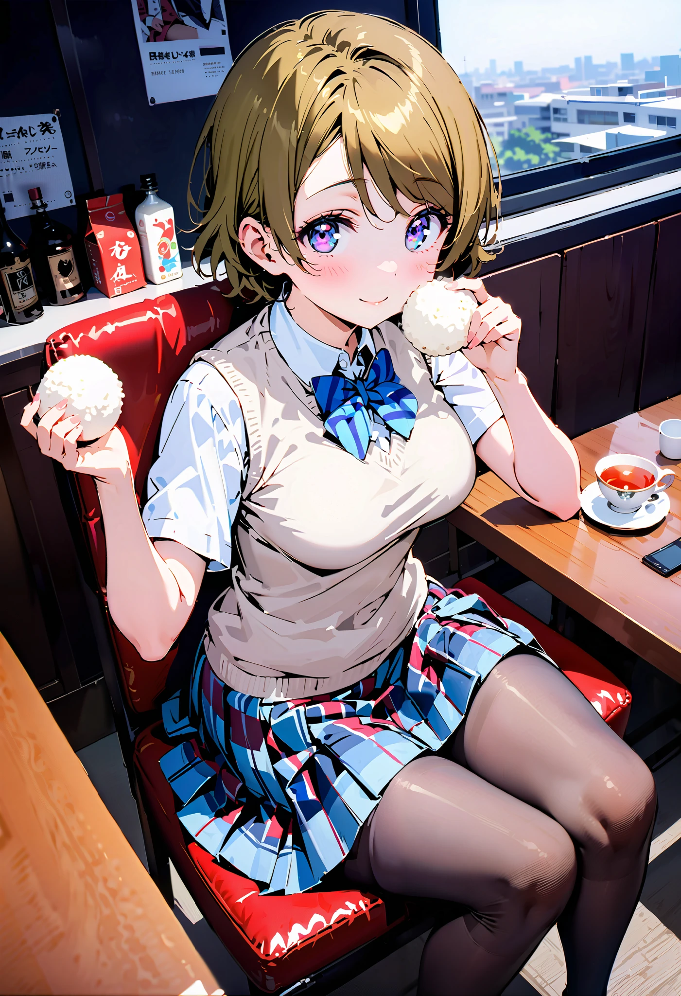 Hanayo Koizumi, short hair while on a business trip, Alone, tea hair, purple eyes,Medium breast,smile,blush, narrow your eyes, mouths,Glasses, skirt , bow, school uniform , socks , check pattern , knee-high, check pattern skirt , sweater vest, summer uniform, otonokizaka school uniform ,rib tights , gray pantyhose , sitting on a chair,Holding a triangular rice ball with both hands,eating rice ball,whole bodyがイラストに入るように, break looking at viewer,whole body,
break indoors, Club room,
break (masterpiece:1.2), best quality , kampala,unity 8k wallpaper,(shape:0.8),( fine, beautiful eyes :1.6),It's a person ,whole body写真,CG Details , ( perfect hand, complete anatomy),),