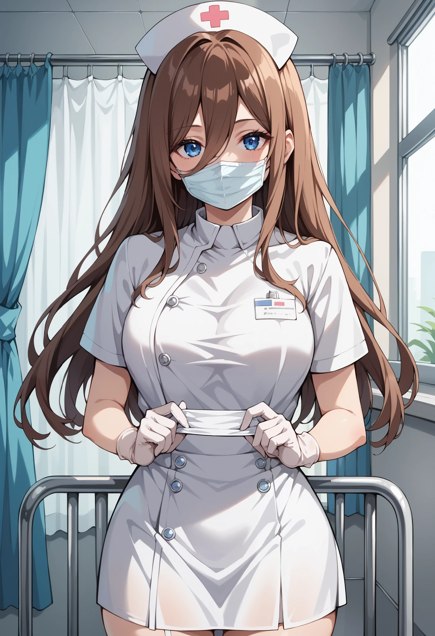Score_9, score_8_up, score_7_up, source_anime, miku nakano, long hair, bangs, blue eyes, brown hair, shirt, hair between eyes, (best quality), (high quality), {masterpiece}, extremely delicate and beautiful, ultra-detailed, beautiful detailed eyes, nurse, nurse hat, ((white nurse's outfit)), white gloves, white legwear, zettai ryouiki, hospital room, ((white surgical mask, covered nose)), standing