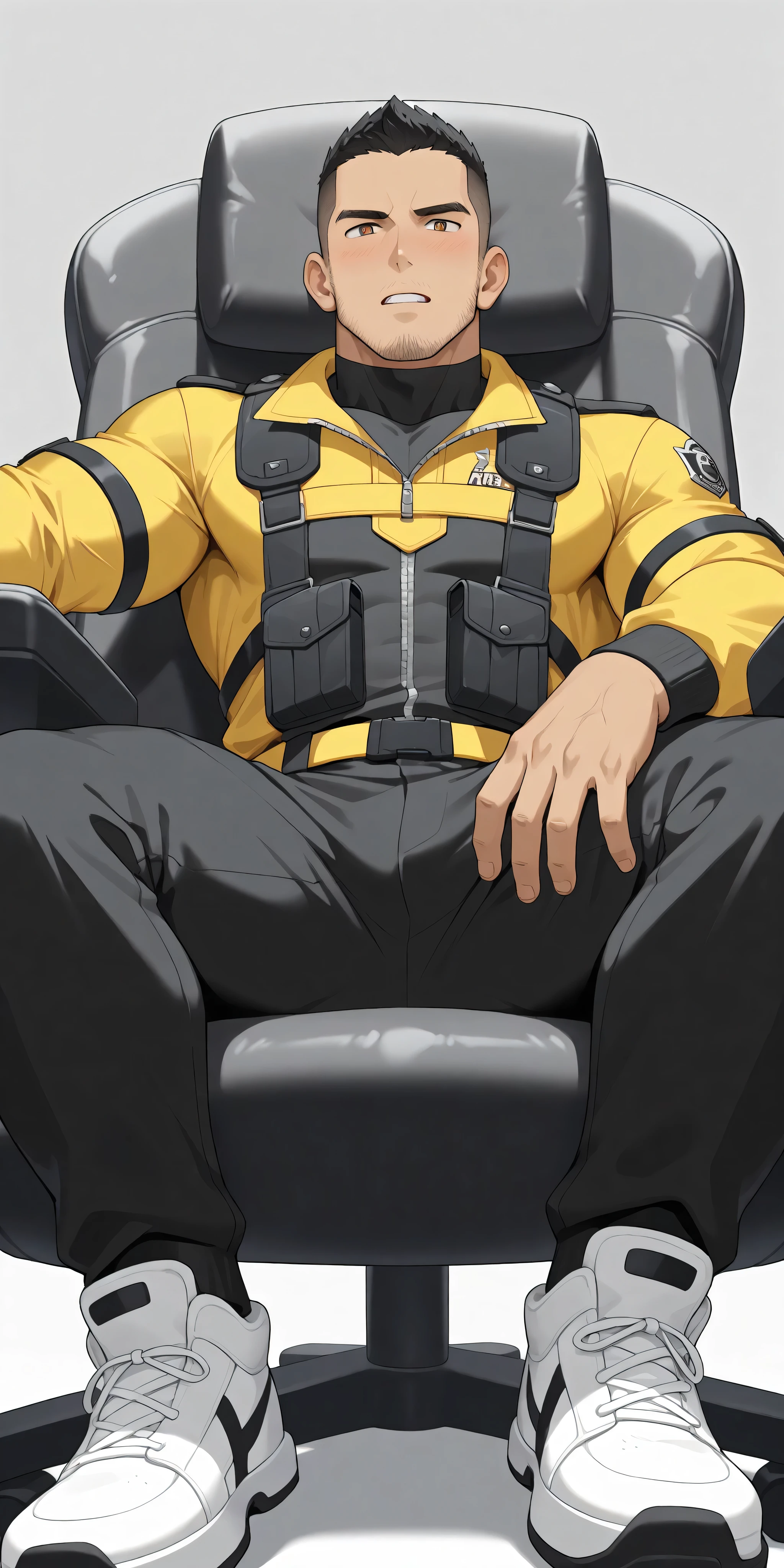 anime characters:Gyee, whole body, Buzz Cut, In a clean and tidy bedroom, Sit on an upscale sofa massage chair, The top is all meat pads, It has lots of milky white mucus on it, He grits his teeth, He wears a dark yellow Police suit, Wear a black turtleneck tights underneath, Very tall, Muscle male policeman, Stubble, Manliness, muscular, Milky white sneakers, Very tight, muscular male, muscular, only, alone, Black short hair, Thick eyebrows, stubble, Yellow eyes, Grey background, simple background, amazing quality, best aesthetics, Ridiculous, bright eyes, There is salivation on the corners of the mouth, crew cut, parted lips, Grit your teeth, blush, embarrassed, saliva trail, from below, best quality