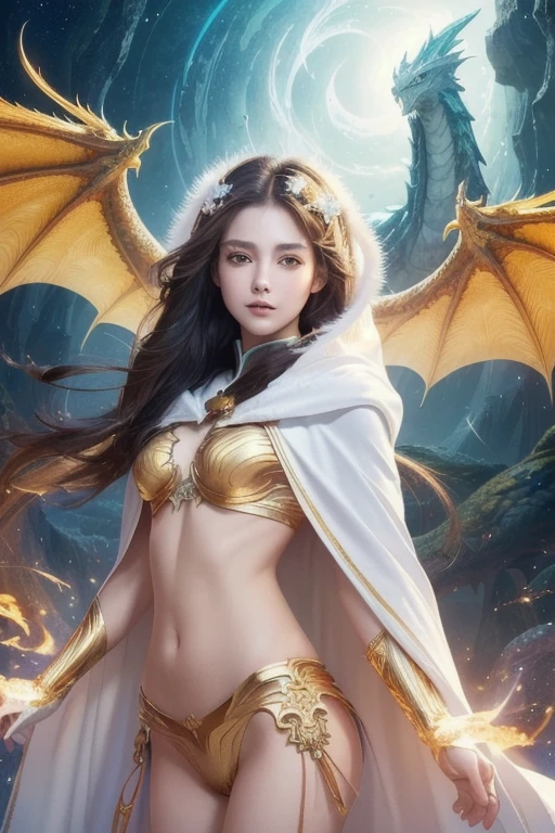 Professional , masterpiece、top-quality、photos realistic , depth of fields 、(White bikini armor)、()、Jewel Gold Weapon、Particles of light),Gorgeous gold weapons ,(( Gorgeous Dragon Sword)) , (Hold the Devil's Hand),,(maikurobikini) 、((White hair))、(Castle background)、(demonic wings)、((Gangle's forest background))、Beautiful Caucasian beauty、1a person、dynamic ungle,(((Two devil's horns on the head)))、Smaller head、Idle Smile、Thin and beautiful female hands、Mystical expression、Light Effects、intense fighting、Wind-effect、magic circles、With the legendary magic wand、Dragon's tail、