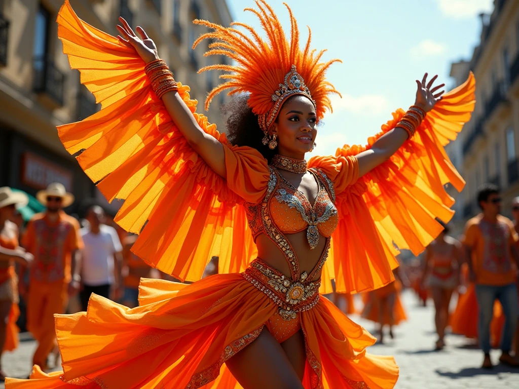 A beautiful and graceful soca dancer, detailed face, dark skin, looking at the viewer, Caribbean carnival, feathered costume in red black and white, high heels, dynamic pose, hair floating in the air, happy atmosphere,  colourful image, highly detailed.