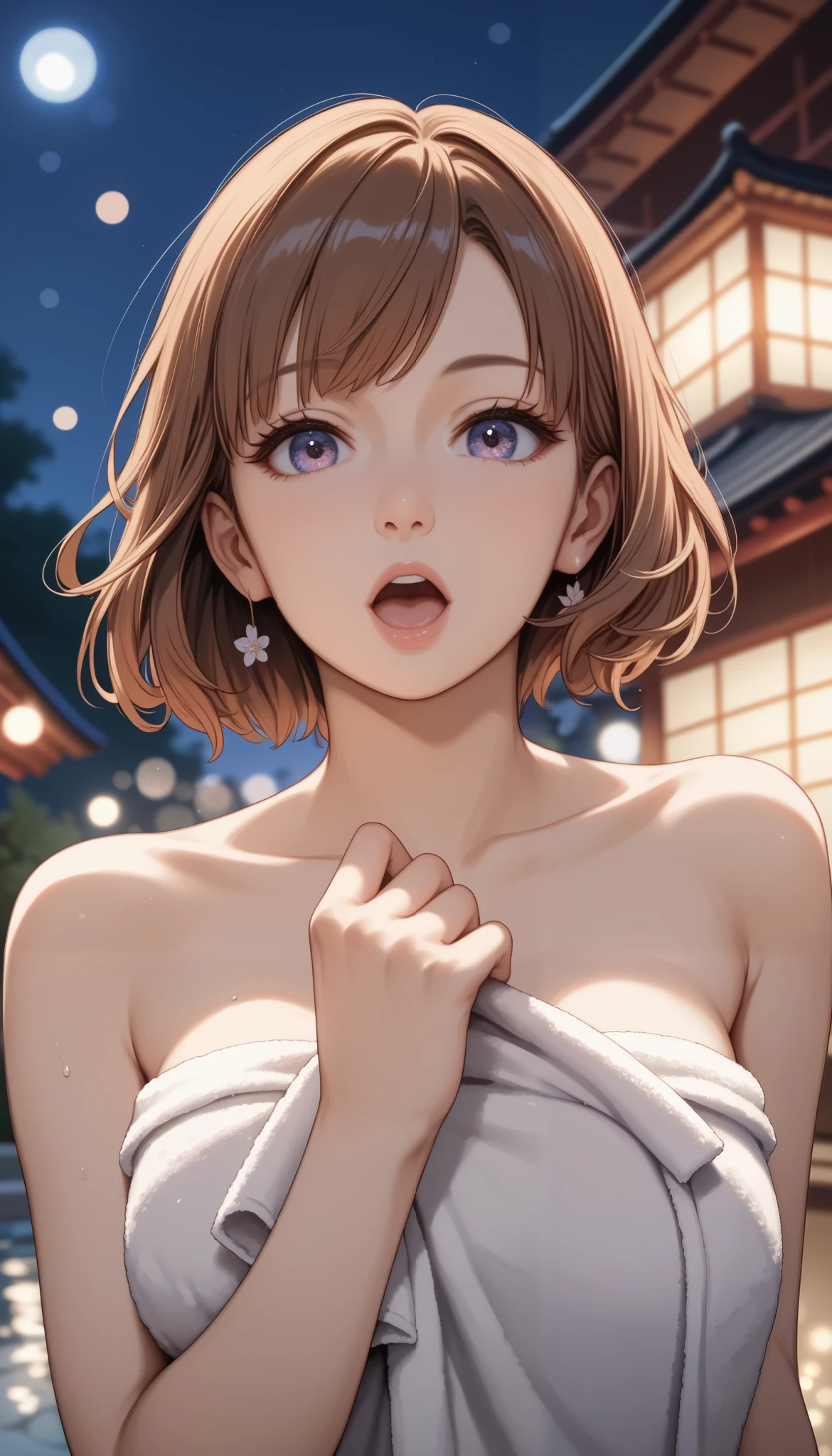 masterpiece, high resolution, illustration, Kyoto Animation Style , Movie Style: Your name, night , mid night , Gentle Light, Attractive light , ( female 1 person: 1.3), (alone: 1.4), Long eyelashes , Short Bob, nose_, open_mouth, futon, nude, , towel, Kirarhythm, dynamic perspective, perspective, bokeh, Depth_of_Field, from_ Down