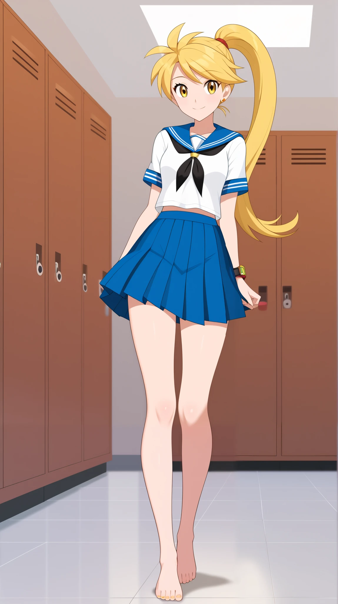 (( best quality)), ((masterpiece)), (( Details)), 1girl , Two legs, two arms, golden hair color, ponytail, long hair, yellow eyes, girl, long-sleeved sailor suit that brings the chest to the center, blue pleated mini skirt , barefoot, beautiful feet, thighs, viewers, 1 Female, Age 18, yellow earring, tall, sexy smile, Seductive Smile , is standing, Anime Coloring Book, whole body, sexy pose , slim figure, Women's locker room, (\Pokémon\), score_9, score_8_Excellent, score_7_Excellent, score_6_Excellent, source_Anime, Cell Shading, flat color, vector,