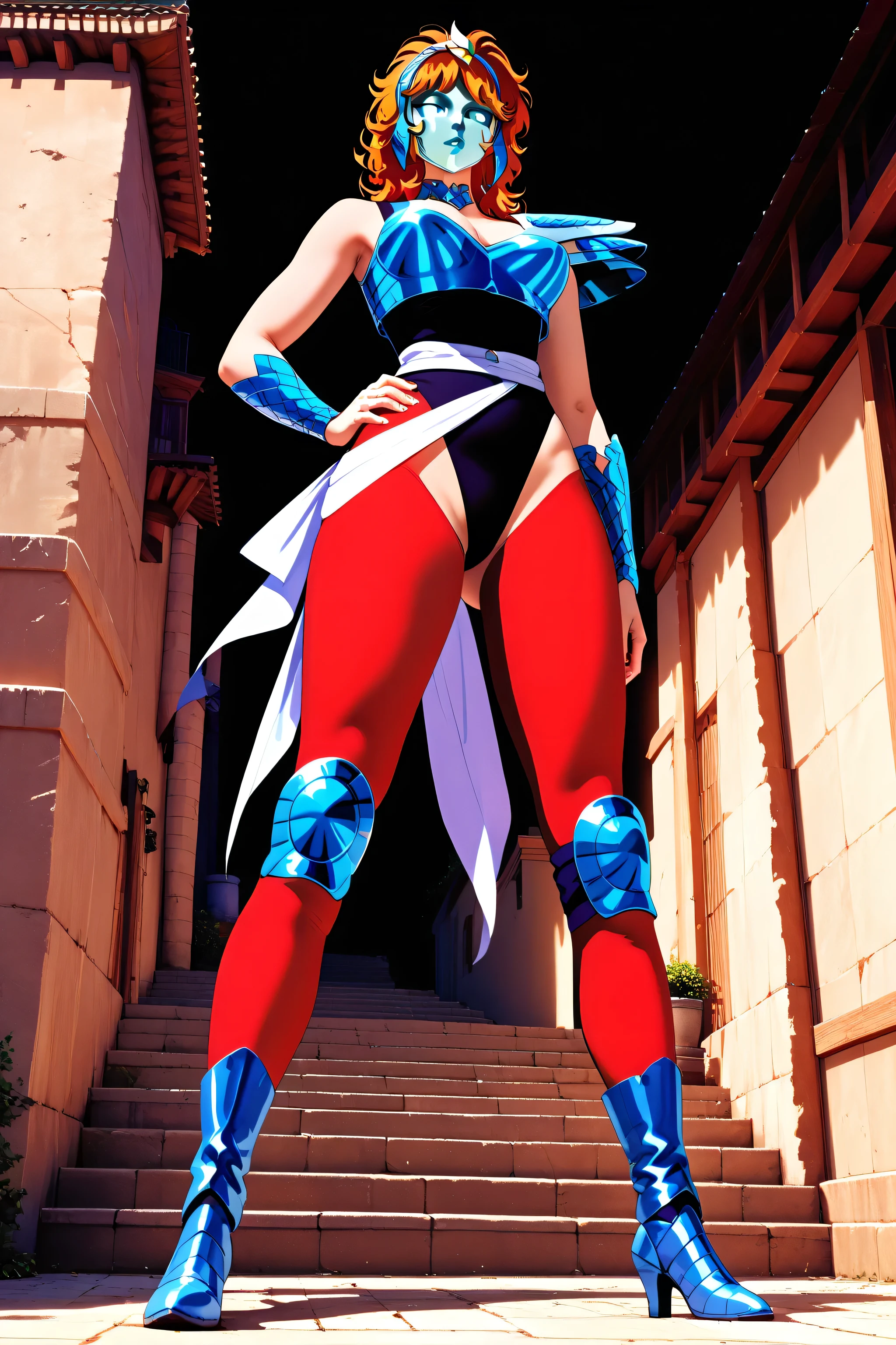 score_9,score_8_up,score_7_up,from below, 1girl,mature female,full body,standing,hand on own hip,medium breasts,narrow waist,wide hips,mature female,milf,high heel boots,jewelry, Outstanding,master work,32K,UHD,best quality,perfect work,ray tracing,ultra-clear,ultra-high-definition,detailed,ultra-high resolution,Best quality,masterpiece,soft light,official art,masterpiece,high quality,highres,absurdres,best quality,epic scene,natural textures,highest quality,8K,Ultra-HD,ultra detail,epic scene,natural textures,eagle marin,orange hair,brown hair,hair ornament,bird hair ornament,armor,leotard,silver mask,full-face mask,expressionless,