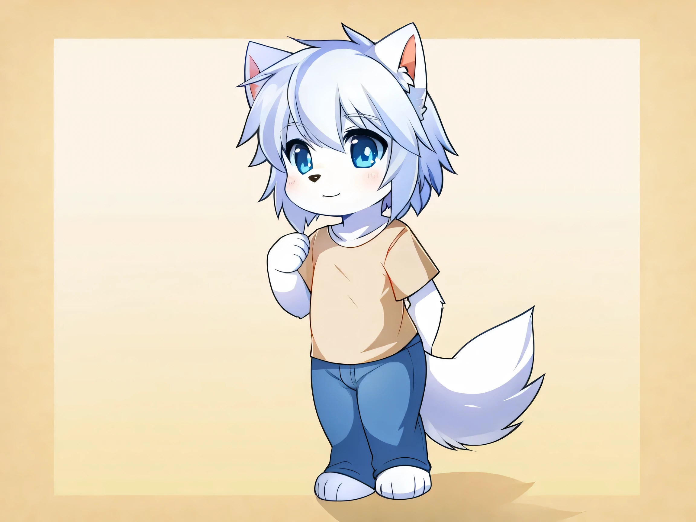 white wolf, puppy, blue eyes, short white hair, beige t-shirt, blue pants, fantasy style, cute, full body