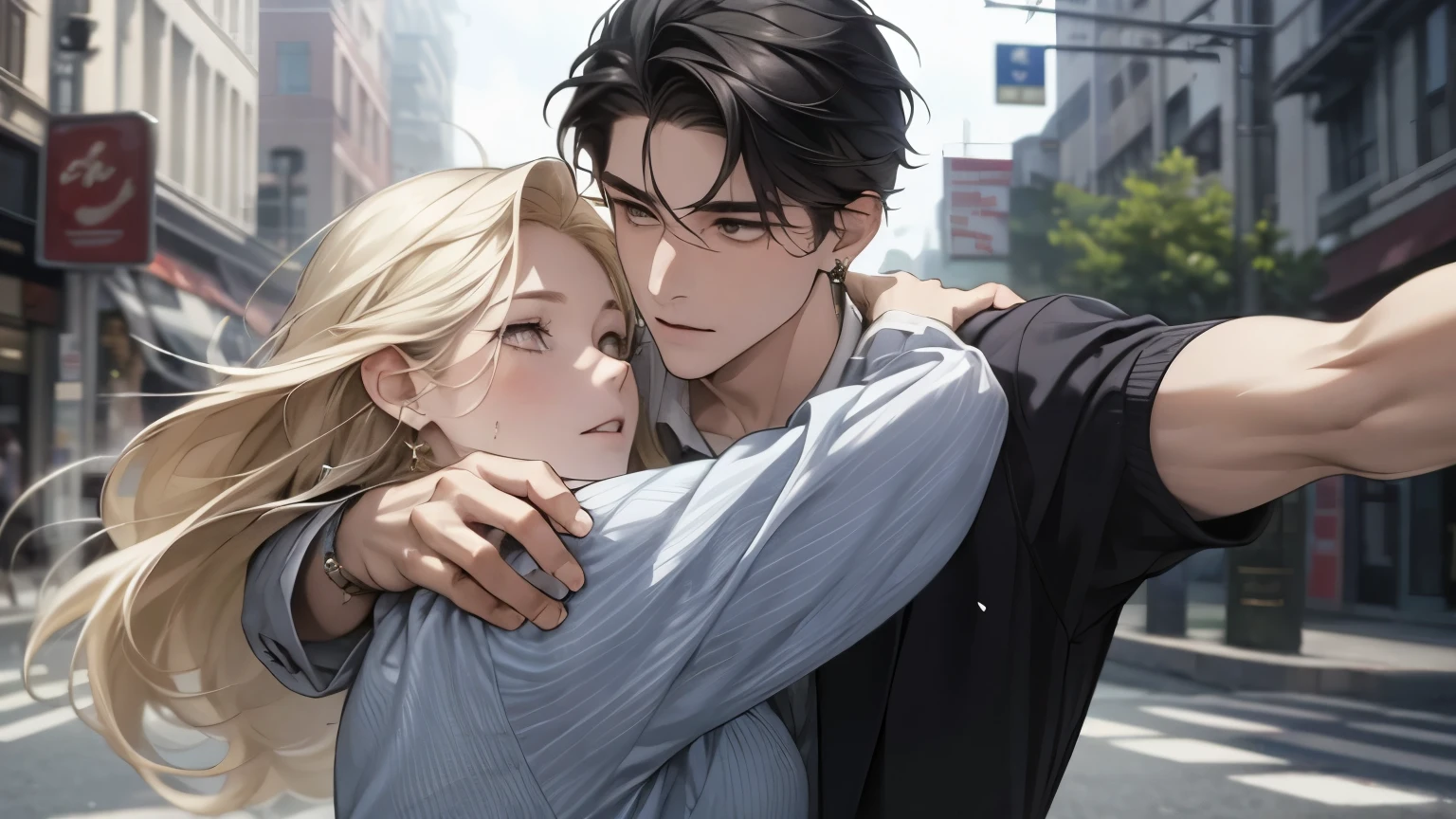 masterpiece, quality, photorealistic, Earrings, High Details, Accurate, High Resolution, Long Hair, Blonde Hair, man black hair, women jumping into arm's of a man on street Sparkling Eyes, Smelling, 