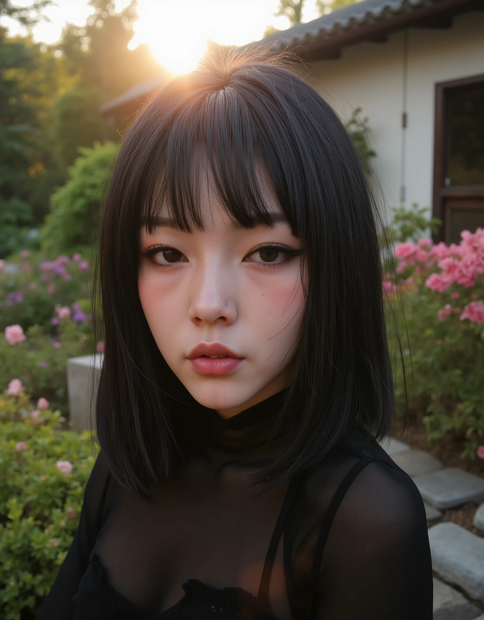 PA7_sdxl-Photo, PA7_xl-Portrait-ECU,  detailxl,  CSPNY1, d0f _v2, barnum-melancholy black hair, Blunt hair,  full lips, Dark lipstick,  dark makeup  ,  eyeliner ,  dark eyes,  smiling with her eyes ,  open smile, looking a view, anatomical asymmetry, youthful face, garden, flores, stones, trees, Door lights, Empty place, sunset, Light pink ray of the Sun crossing the face, , Balaciaga clothing   , locality:Japan, Looking for the camera, Japanese, Idol, Wind in the environment, 
