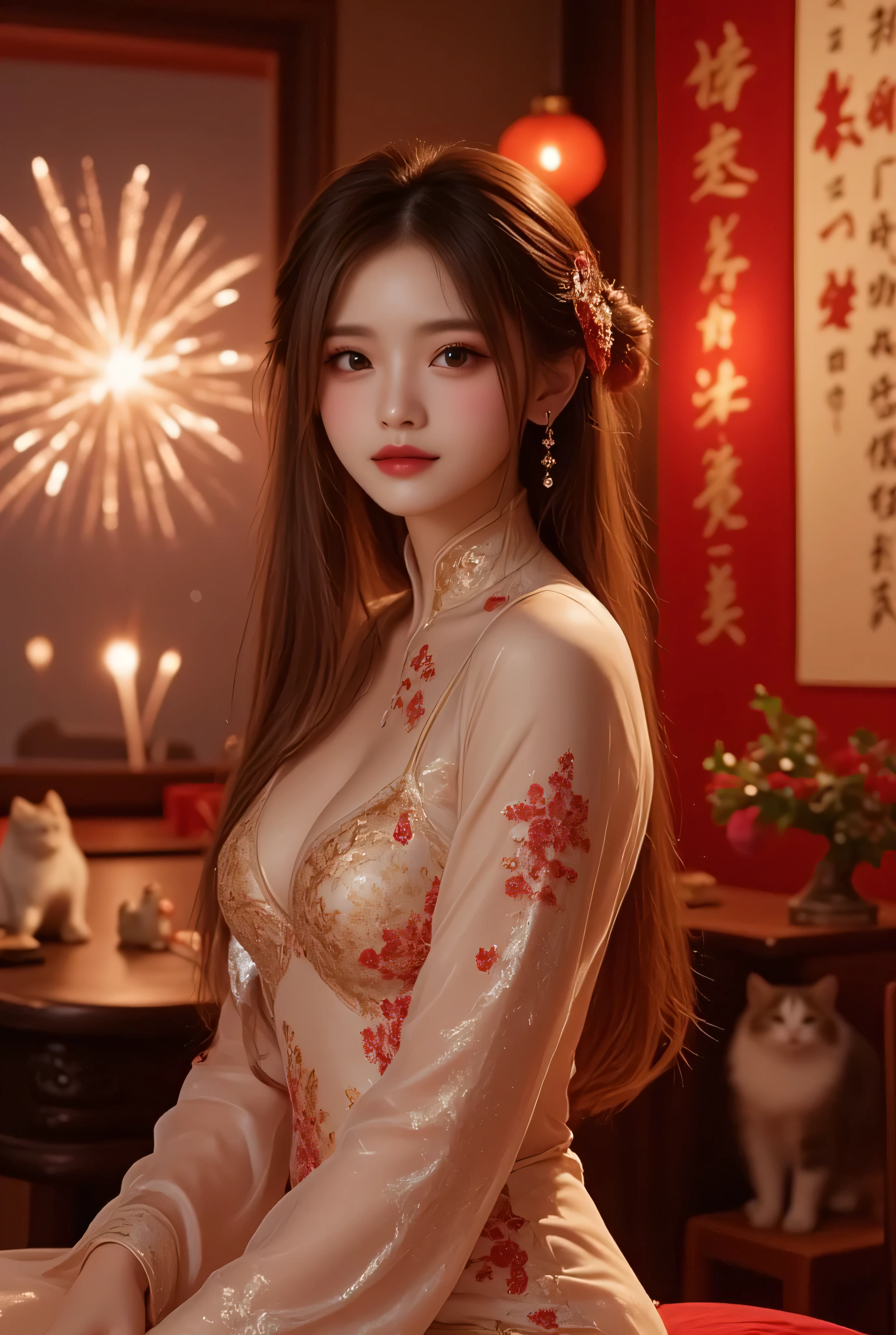 Cat ears、 face up, attractive, pretty girl, ponytail、 (( fine facial features , eroticism)), dramatic lighting , realistic , 8k, Dramatic Shadows , intricate and elaborate patterns , super detailed photo , chiaroscuro lighting , Pleasant colors , deep contrast , super real 、 pink lipstick、 warm room、Vintage Fireplace 、 cinematic composition、Close-up of face, pretty half part transparent open shoulder loose outfits dress, tang style, A beautiful Korean idol wearing a one piece red- black tightly cheongsam with phoenix and intricate floral golden embroidery, golden and silver outline on dress, hand hold pink feathers transparent Chinese fan with golden ink painting of bird and tree , standing gracefully in a room filled with traditional Chinese New Year decorations. The room features vibrant red lanterns, decorative calligraphy scrolls, a small Chinese orange tree with golden ornaments, and several red envelopes scattered across the floor and hanging from the tree. Adorable, playful cats are part of the scene—some sitting near the tree, others curiously pawing at the red envelopes or lounging around. Through a window or an open door in the background, vibrant Chinese fireworks light up the night sky in an array of reds, golds, and blues, casting a magical glow into the room. The idol’s outfit is paired with subtle accessories like red hairpins or earrings, complementing the festive look. The atmosphere is warm and lively, filled with the joyful essence of the celebration, enhanced by the shimmering lights of the fireworks and the lively decor.