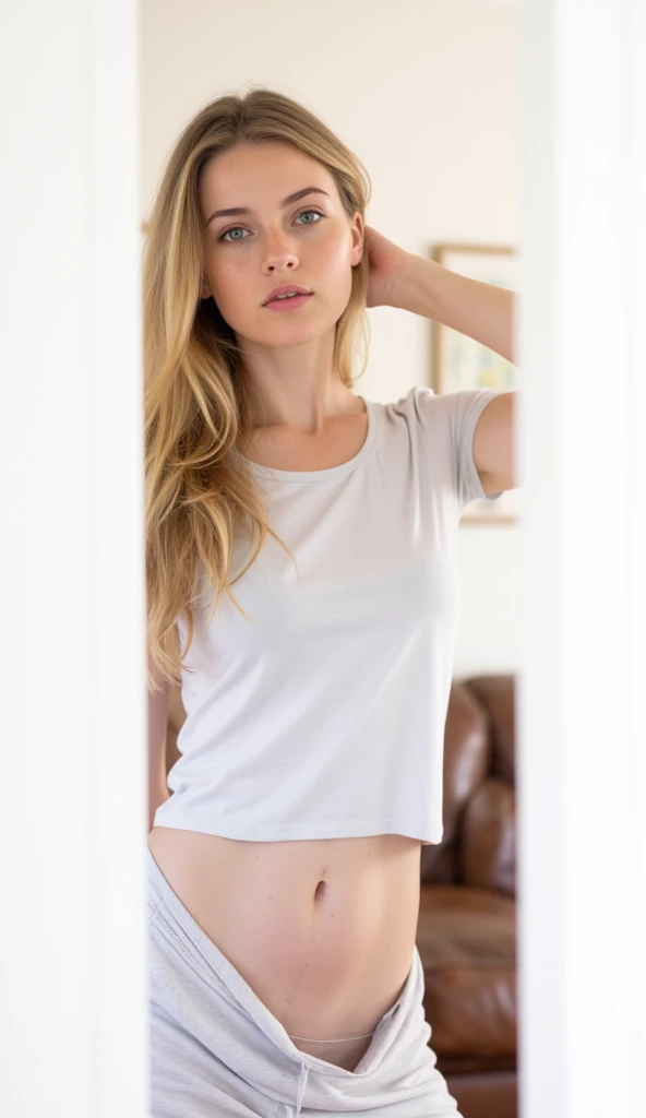 une photo prise en selfi d'une femme très blonde avec des traits européens qui ressemble a margot robbie, elle est habillé avec une t-shirt blanc transparente, elle a de très belle forme et prends des positions naturelles sans forcément regarde tout droit 