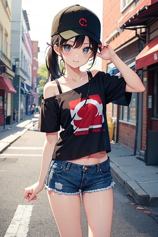 girl around 24 years old(Baby Face、very slim figure、Looks 9 years old)Short denim skirts like tights(Rubber)、Top Model(Flat Chest)、Strike a pose for a photo、Cool pose、Graffiti art background、A shy smile，Very chibi，Very short，Brown eyes，freckles，Thick eyebrows，Blunt bangs，Brat、Adult、Shorts、 4K 、