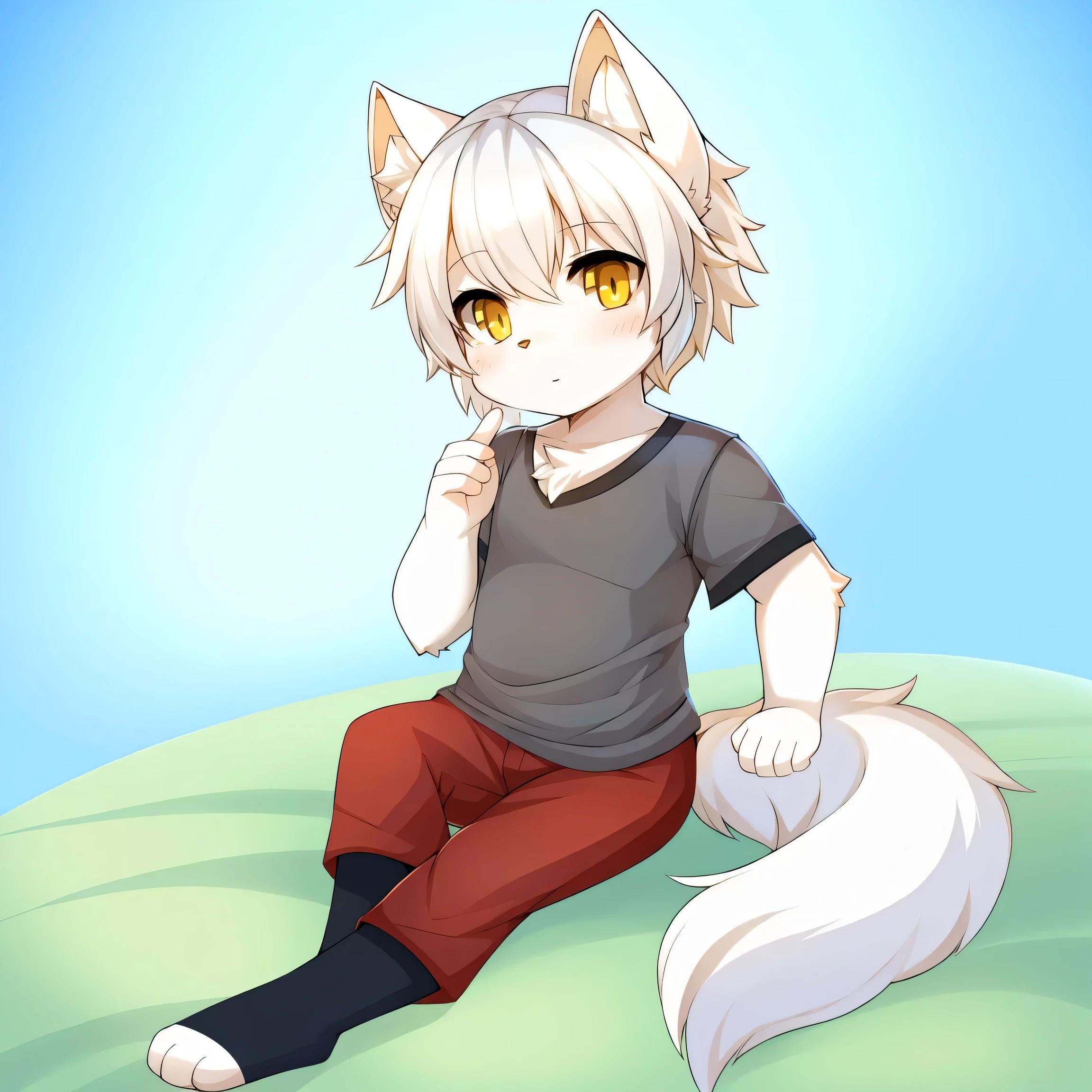 white wolf, , yellow eyes, short white hair, grey t-shirt, red pants, fantasy style, cute, full body