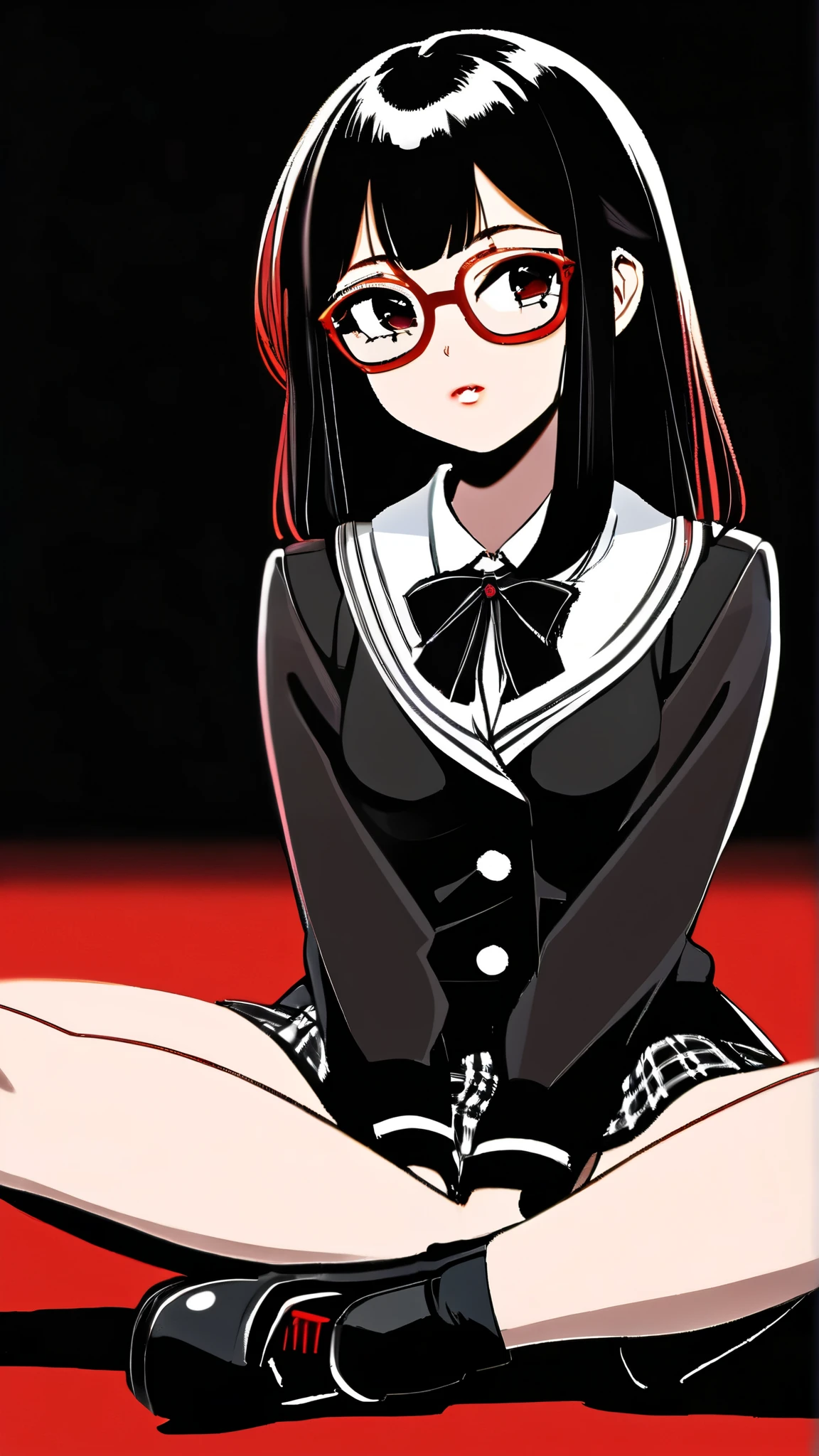 best quality, illustrator anime, A beautiful korean goth girl with glasses, dark mood, nerdy, cute, shy, perfect breasts, cleavage, schoolgirl, shiny skin, heavy blushing, legs spread, white panties, sitting, sexy pose, dynamic, pose, no background, black background, red background, style retro classic, 




