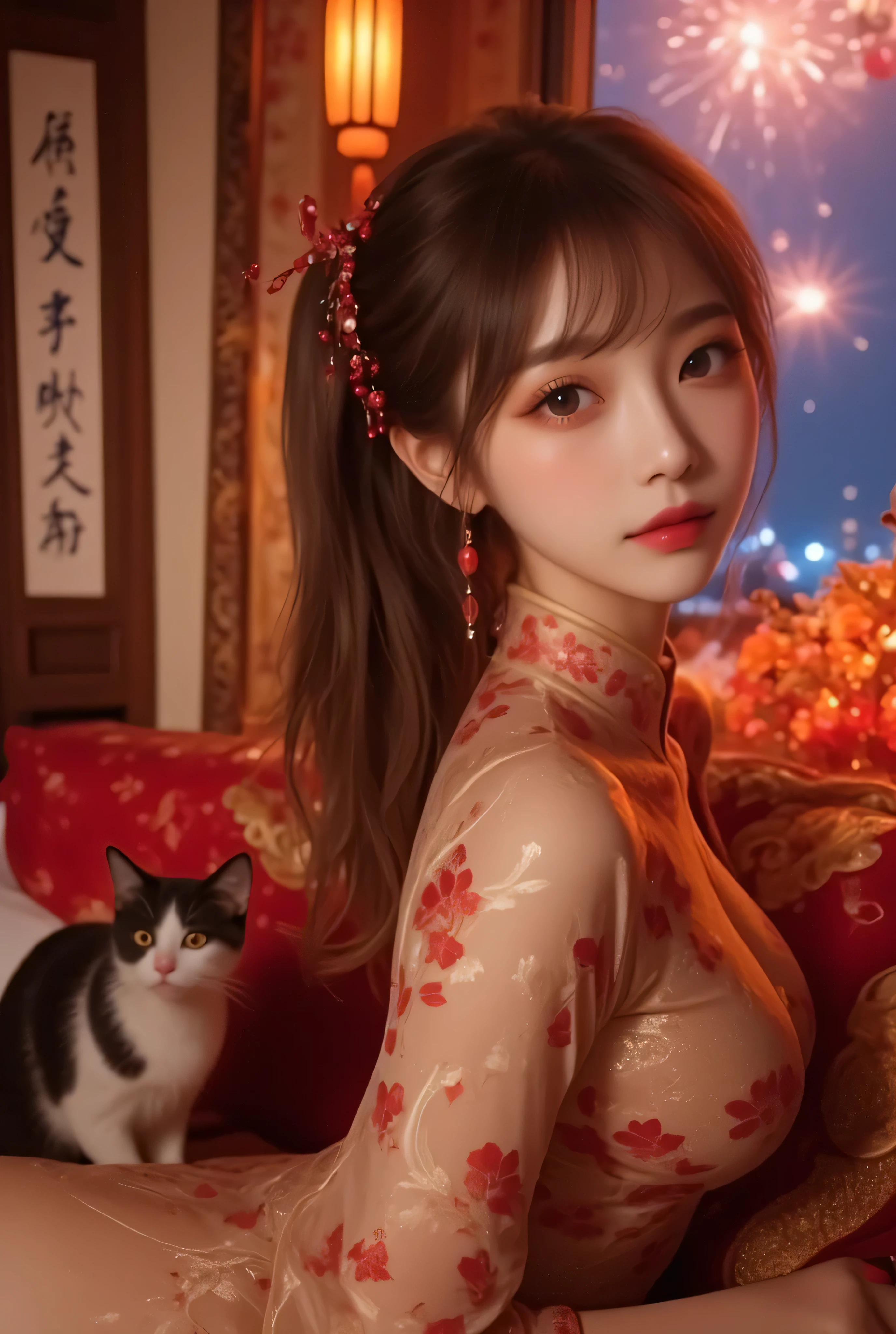 Cat ears、 face up, attractive, pretty girl, ponytail、 (( fine facial features , eroticism)), dramatic lighting , realistic , 8k, Dramatic Shadows , intricate and elaborate patterns , super detailed photo , chiaroscuro lighting , Pleasant colors , deep contrast , super real 、 pink lipstick、 warm room、Vintage Fireplace 、 cinematic composition、Close-up of face, pretty half part transparent open shoulder loose outfits dress, tang style, A beautiful Korean idol wearing a one piece red- black tightly cheongsam with phoenix and intricate floral golden embroidery, golden and silver outline on dress, hand hold pink feathers transparent Chinese fan with golden ink painting of bird and tree , standing gracefully in a room filled with traditional Chinese New Year decorations. The room features vibrant red lanterns, decorative calligraphy scrolls, a small Chinese orange tree with golden ornaments, and several red envelopes scattered across the floor and hanging from the tree. Adorable, playful cats are part of the scene—some sitting near the tree, others curiously pawing at the red envelopes or lounging around. Through a window or an open door in the background, vibrant Chinese fireworks light up the night sky in an array of reds, golds, and blues, casting a magical glow into the room. The idol’s outfit is paired with subtle accessories like red hairpins or earrings, complementing the festive look. The atmosphere is warm and lively, filled with the joyful essence of the celebration, enhanced by the shimmering lights of the fireworks and the lively decor.