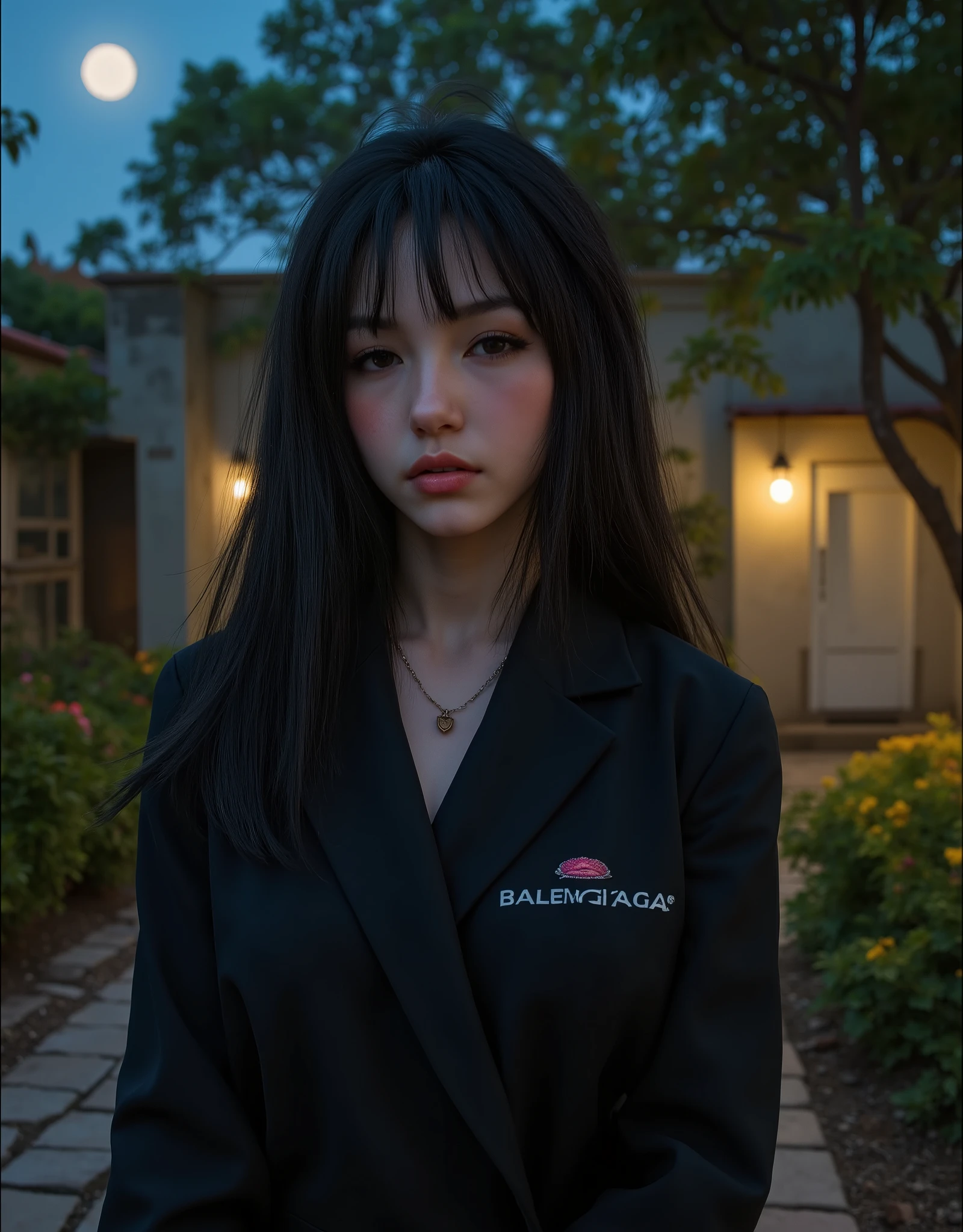 PA7_sdxl-Photo, PA7_xl-Portrait-ECU, detailxl, CSPNY1, d0f _v2, barnum-melancholy black hair, Kei Hair , full lips, Dark lipstick, dark makeup , eyeliner , dark eyes, smiling with her eyes , open smile, looking a view, anatomical asymmetry, youthful face, garden, flores, stones, trees, Door lights, Empty place, night, waning moon , -yeld, Bciaga clothing , locality:Japan, Looking for the camera, Japanese, Idol, Wind in the environment,