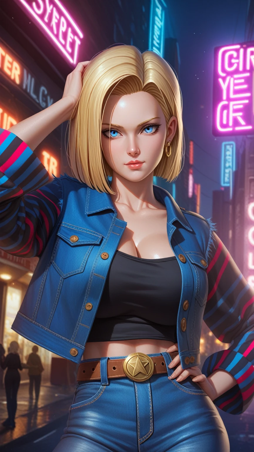 (((1 girl, cute, ((android 18)), gigantic breasts:1.2), denim jacket, black top, blond, short hair, bob hair, side parted hair, blue eyes))), (((blond hair))),
dynamic poses, realistic style, depicting android 18 in various action scenes, from intense battles to lighthearted moments, with dramatic speed lines , capturing the excitement and energy of the story, Attack forward with palm