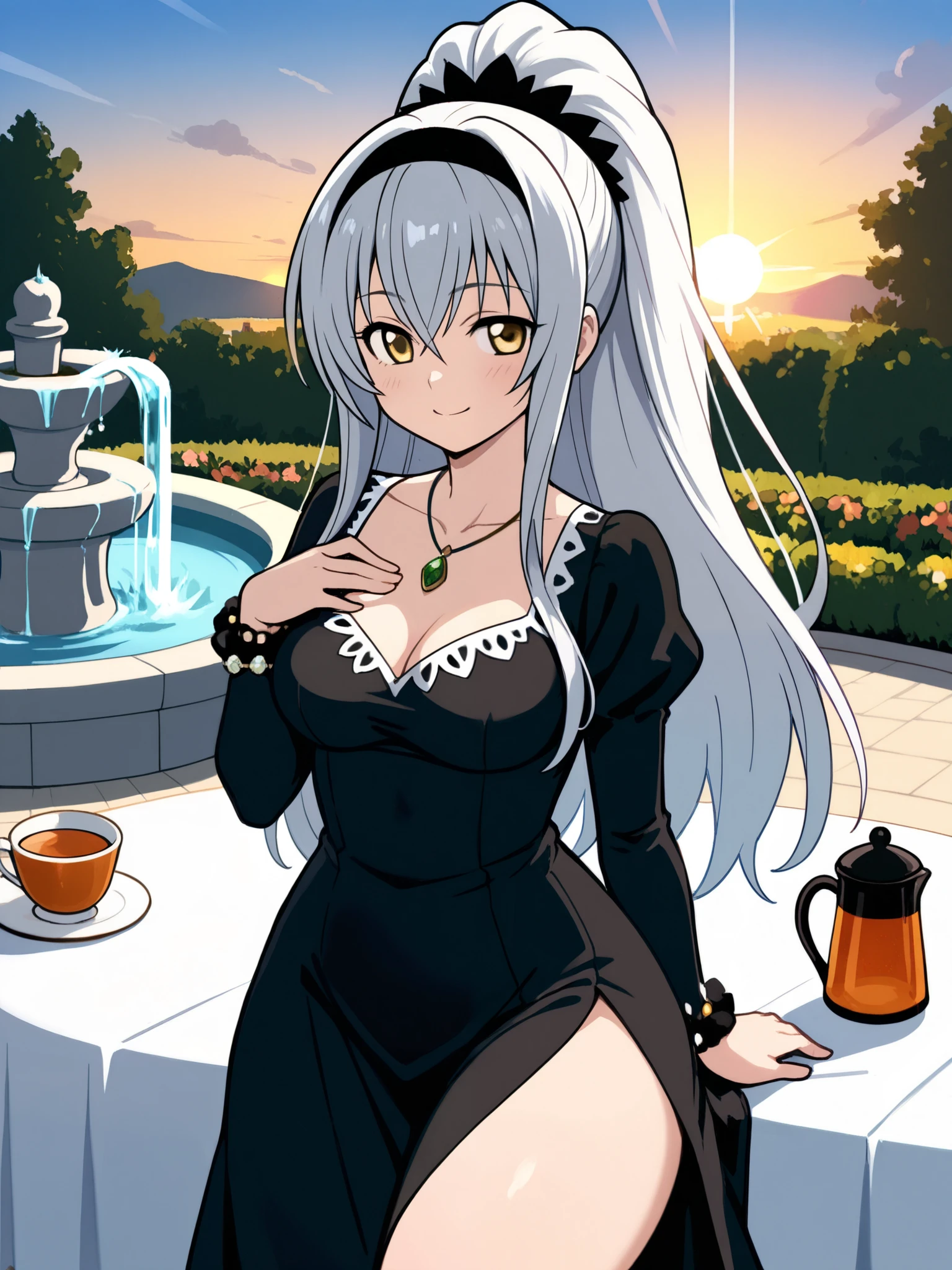 Shizuma Hanazono from Strawberry Panic, silver hair, ponytail ,Lots of hair, yellow eyes, pechos grandes, slim, thick thighs, big butt, black dress with lots of details, pompous dress , flying details, decorated black headband, closed neckline, pretty emerald gemstone necklace, glancing at the spectator, mischievous look, Slight Smile, sunrise, Rising the Sun, garden with fountains, Cup of tea on the table. pretty bracelet , ultra quality, comes out a lot of detail, pretty face, high quality, eyes between closed, long bangs. a hand on his chest, Full detail in eyes,