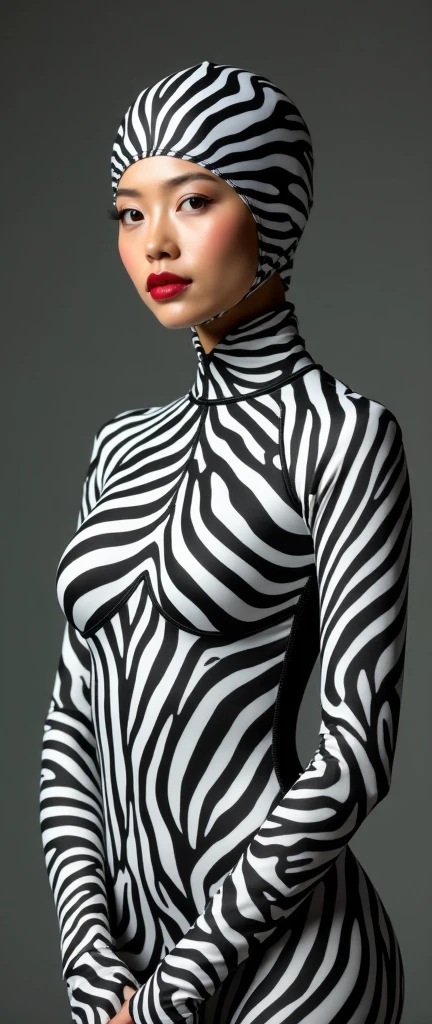 The most beautiful,thin,most pretty and clever Asian muslimah teenager girl wears zebra lycra turtleneck unitard catsuit covered with stripes.She always wear zebra print lycra dancewear stretchy hijab.She is sitting on the circus pedestal.