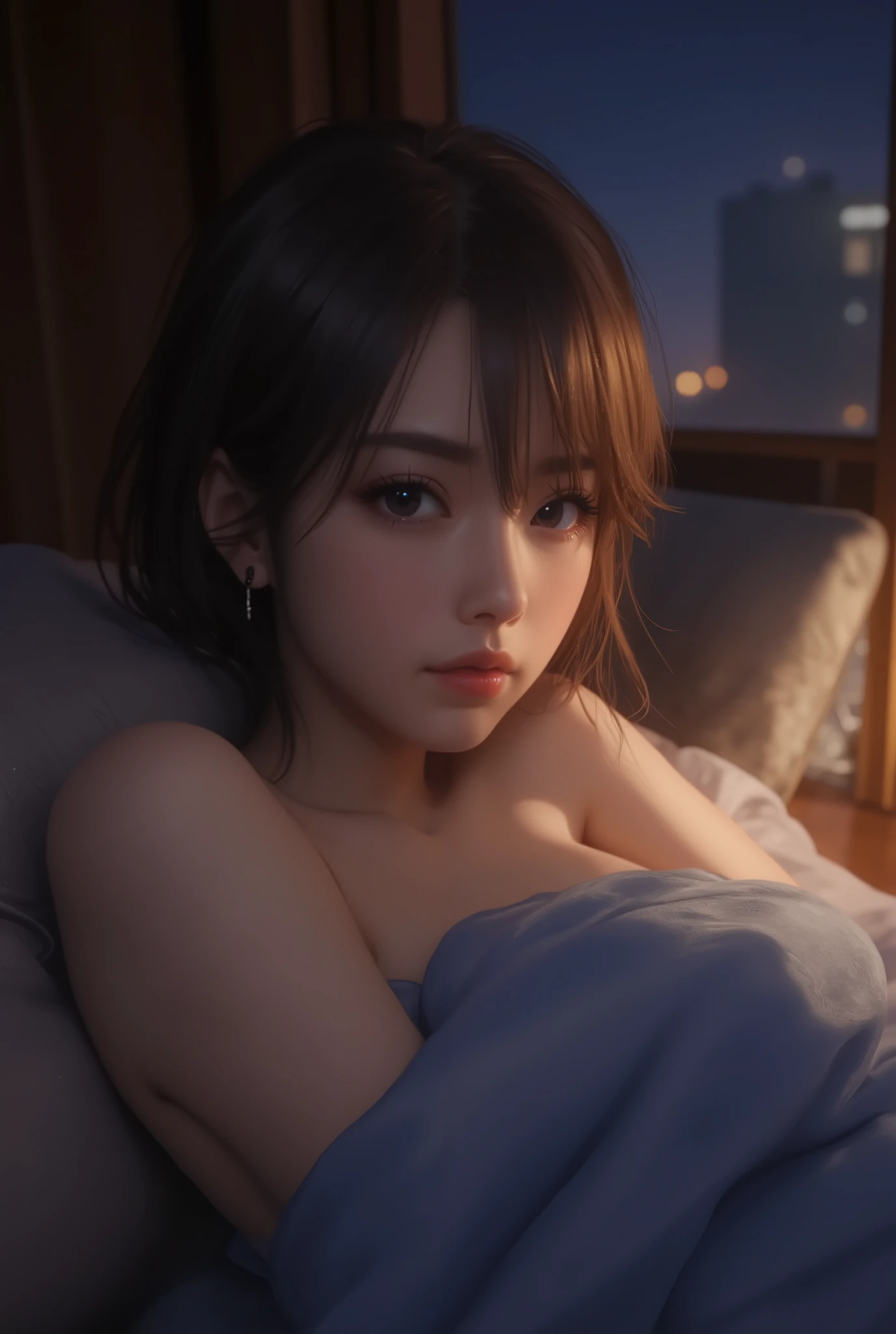 (Hyper-realistic), (Illustration), (High resolution), (8K), (Extremely detailed), (Best Illustration), Yol , (Beautiful detailed eyes), (Best Quality), (Ultra-detailed), (masutepiece), (Wallpaper), (Detailed face),(Accurate Hand Modeling),Solo, Upper body, Focus on Face, 1 girl, Long Black Hair, Korean, Thin eyeshadow, A detailed eye, Brown eyes, Small moles under the eyes, very slender legs,Girl with small breasts,Smaller chest,Sleeping Girl,low illuminance, Night, Dark,a dark night,sleeps in a bed,Naked,angry,M-shaped legs,Shoot a girl from right above the bed、Mangli return,massage 1'You ,All ,Girl has intense missionary sex,Girls look embarrassed,The girl looks away,Open the crotch with your hands,Crying,