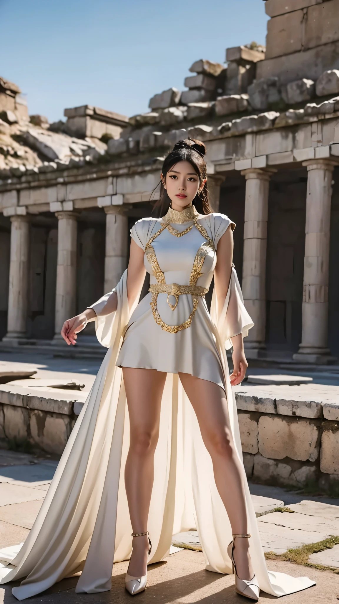 A beautiful Japanese woman wearing a traditional Roman-style dress, featuring intricate drapery and classic design. She is posed confidently, replicating the same stance as the reference image, with her arms and legs positioned similarly. The setting mirrors the background of the reference, including ancient stone ruins with a serene mountainous view under natural daylight. The overall style is realistic and detailed, emphasizing the elegance of the Roman dress and the classic atmosphere.