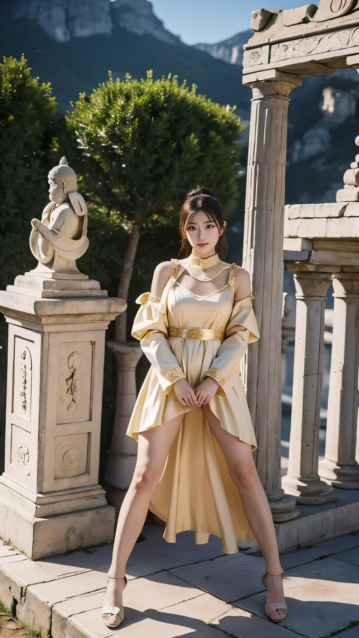 A beautiful Japanese woman wearing a traditional Roman-style dress, featuring intricate drapery and classic design. She is posed confidently, replicating the same stance as the reference image, with her arms and legs positioned similarly. The setting mirrors the background of the reference, including ancient stone ruins with a serene mountainous view under natural daylight. The overall style is realistic and detailed, emphasizing the elegance of the Roman dress and the classic atmosphere.