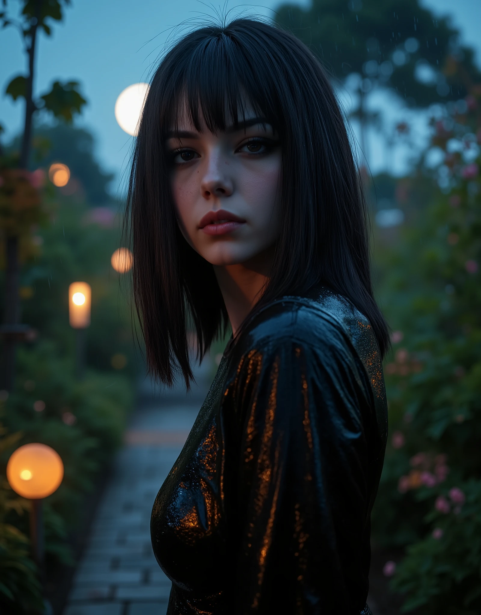 PA7_sdxl-Photo, PA7_xl-Portrait-ECU, detailxl, CSPNY1, d0f _v2, barnum-melancholy black hair, Kei Hair , full lips, Dark lipstick, dark makeup , eyeliner , dark eyes, smiling with her eyes, open smile, looking a view, anatomical asymmetry, youthful face, garden, flores, stones, trees, Door lights, Empty place, night, waning moon , -yeld, Bciaga clothing , locality:Japan, Looking for the camera, Japanese, Idol, wind in the environment, garoando, reflection of the water from the lights on the ground, Scene of light rain , @2cleoppas