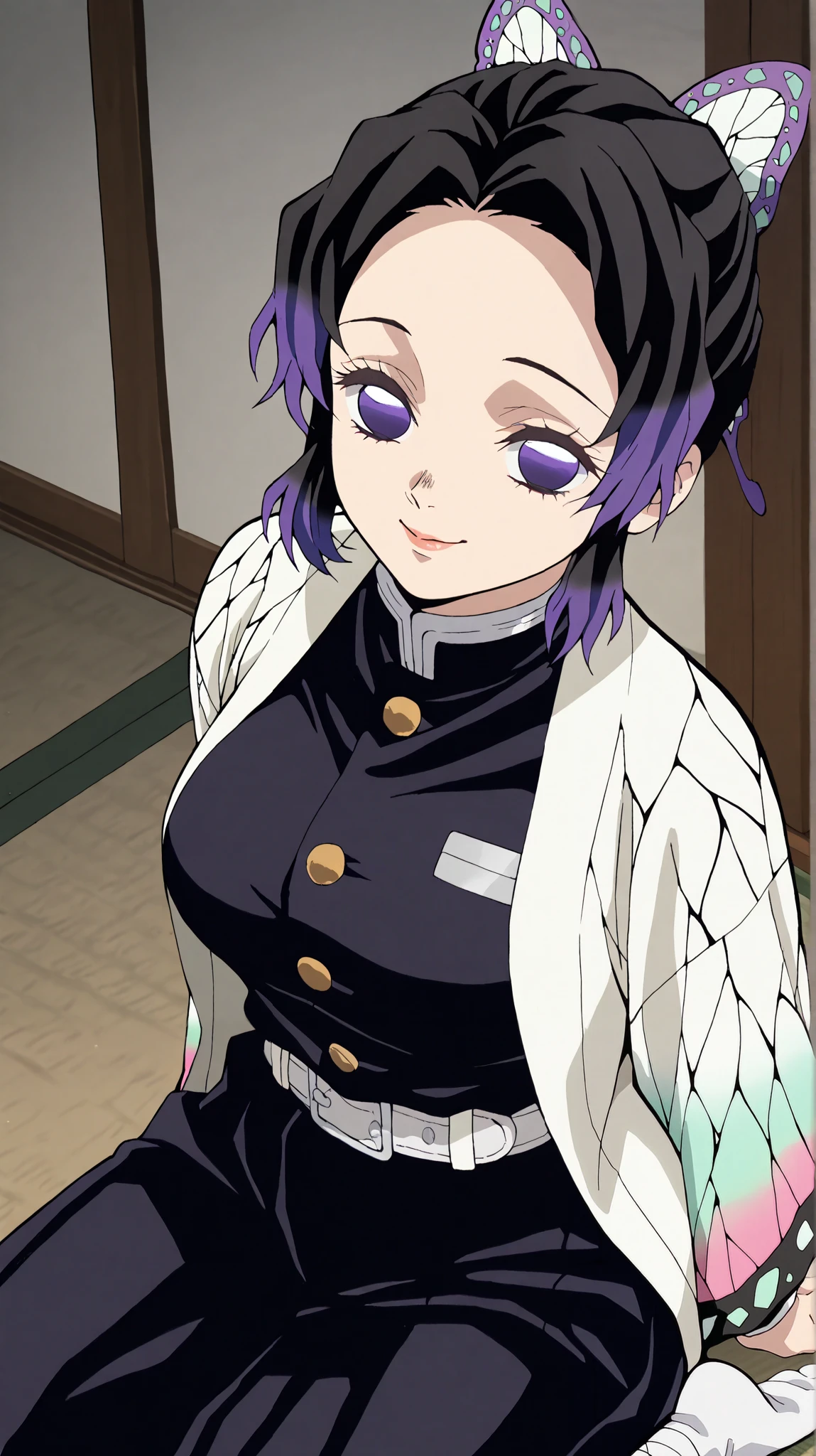 Shinobukochou
High quality , top quality , masterpiece, high res, detailed face ,, is entangled with his hands and feet in front of an anatomically correct ,
1 girl, Alone, 1 woman ,solo, Detailed hairstyles (lora: Shinobu Kochou)
, Shinobu Kocho, black tied hair ,, butterfly hair ornament, purple eyes, shortcuts, slightly larger breasts, short hair with shadows, short hair
Black pants , kimono, demon Slayer uniform , Long Sleeve ,Bangs that expose the forehead,
indoor, Japanese-style room,Tatami
Turn your gaze ,Face towards the viewer,closeup
high angle
seductive smile, hands behind,Arms behind back, chest, side view, hot, thick