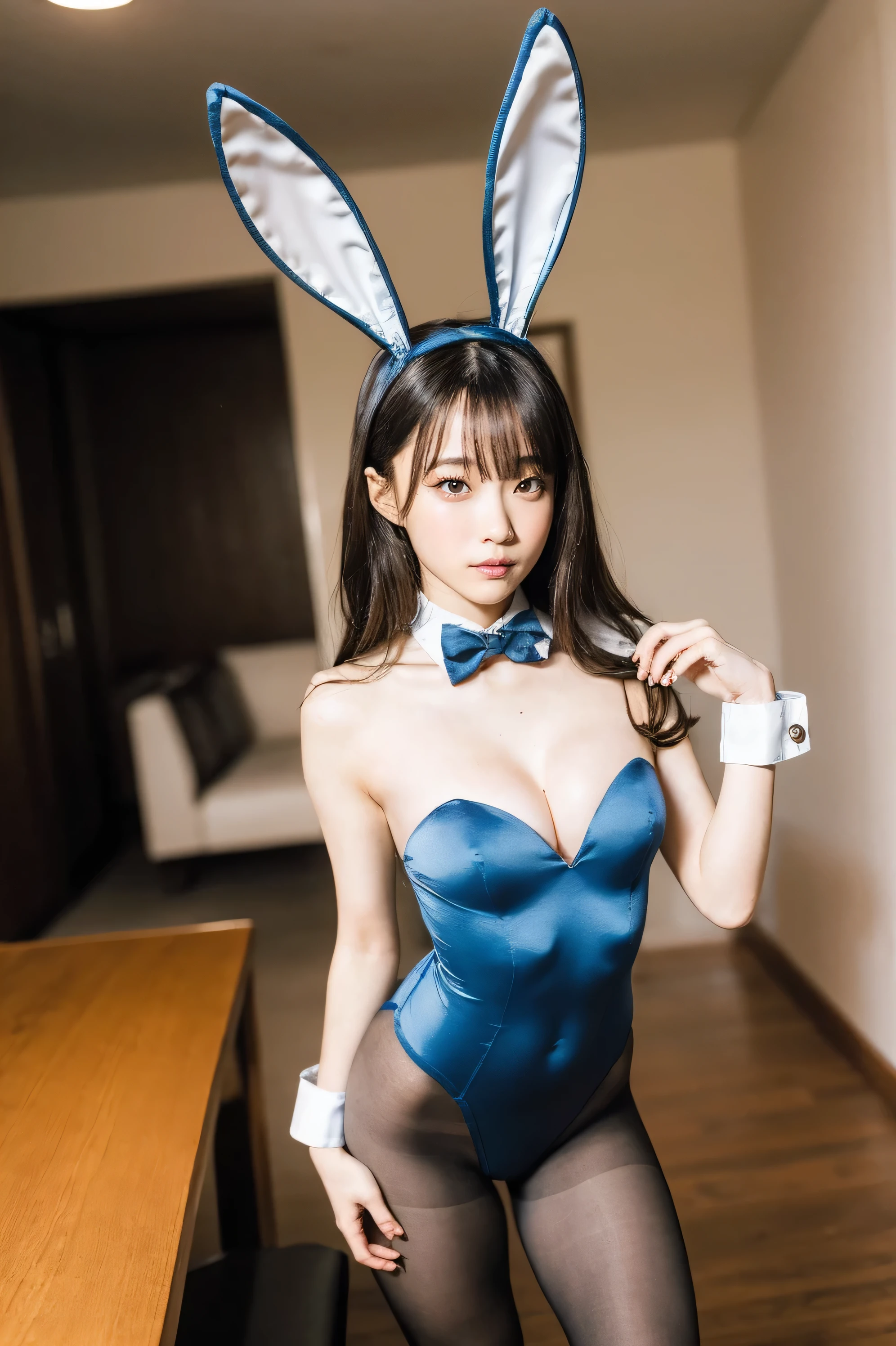 comfortable girl, Jester , False Rabbit Ears , blue leotard , bow tie, pantyhose, wrist cuff , (black_ pantyhose), is standing, á “Ã¼ã¬Ã¼ã”, is standing,