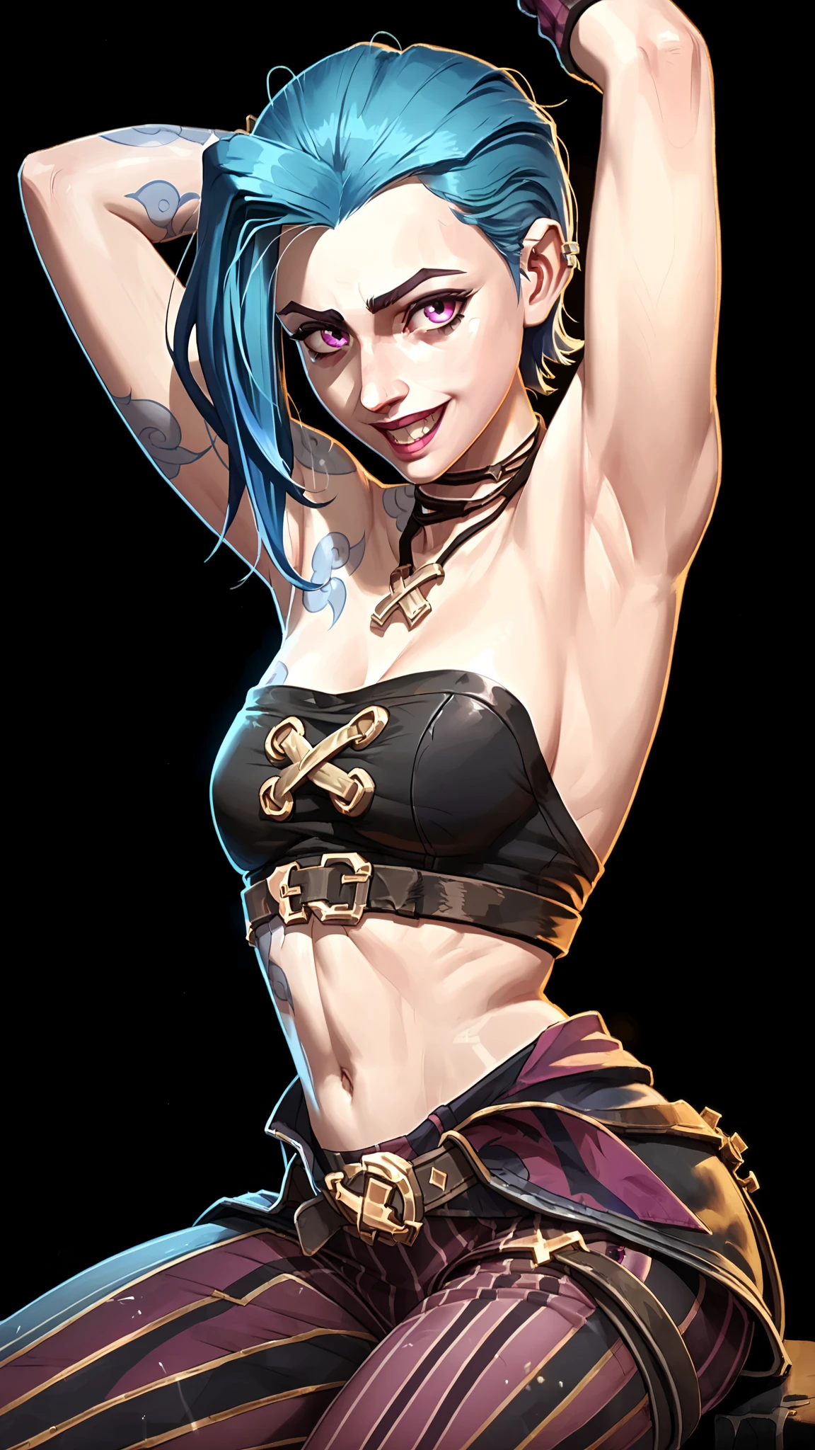 one woman, jinx from league of legends, (purple eyes:1.2), (grey skin:1.2), short hair, blue hair, (upper body, legs, thighs:1.3), (black background, clear background:1.5), (studio lights, deep shadows:1.3), (big chest, bare shoulders, bare neck:1.2), (small strapless bra:1.4), (happy face:1.2), showing armpits