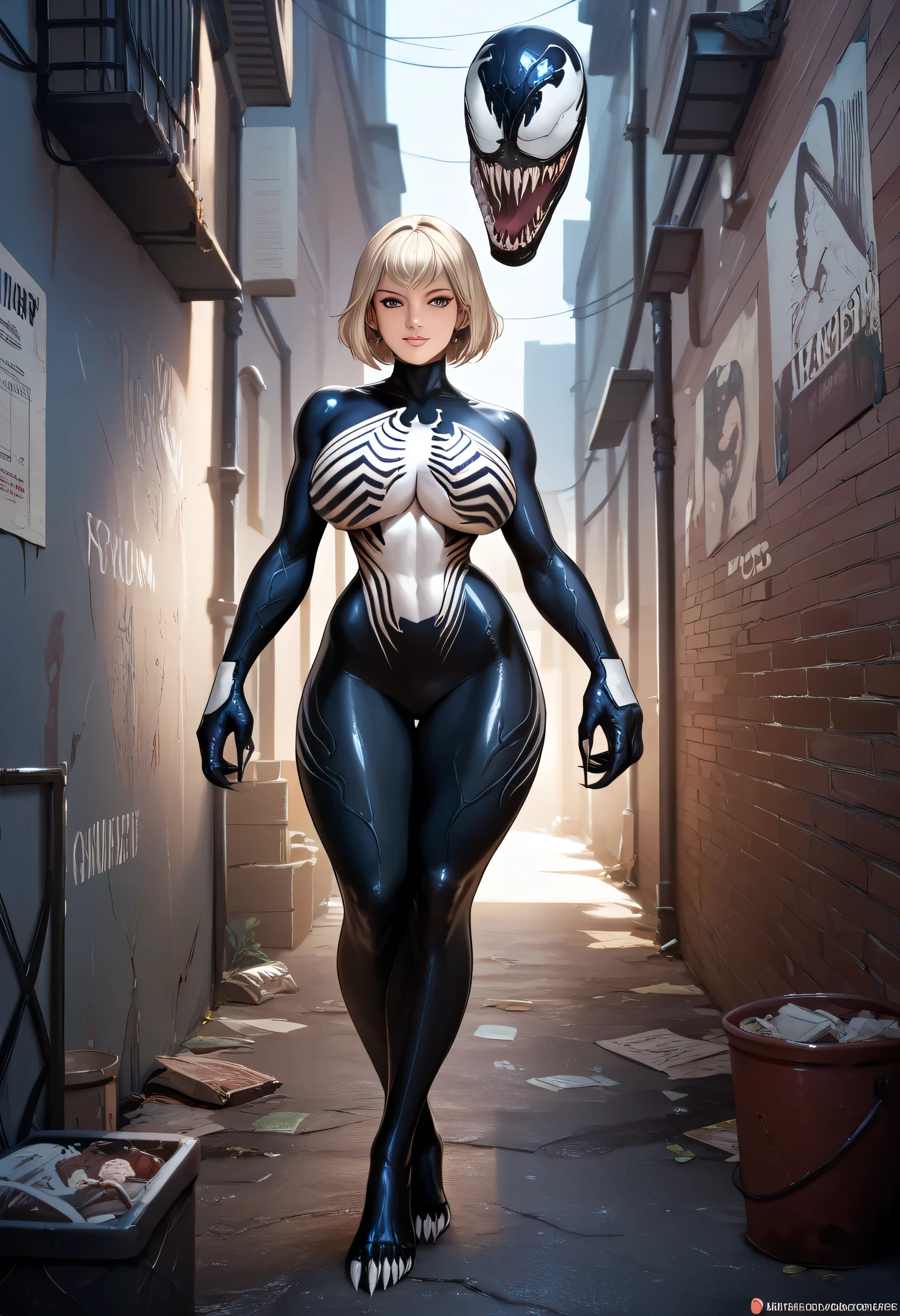 4K,realisticlying,Glamorous,The very detailed,There a girl in Dingcheng,Blonde hair,Wearing a black Spider-Man costume,(Black and white:1.4) the night,symbiote,venomize,a large amount of mucus,she a spiderman,Black superhero theme,In front of the sky,Flushed complexion,( Open legs, camel-toe,, Vulvar shape:1.3),(GGCameltoe:1.3)Legs apart,25 age old,full bodyesbian