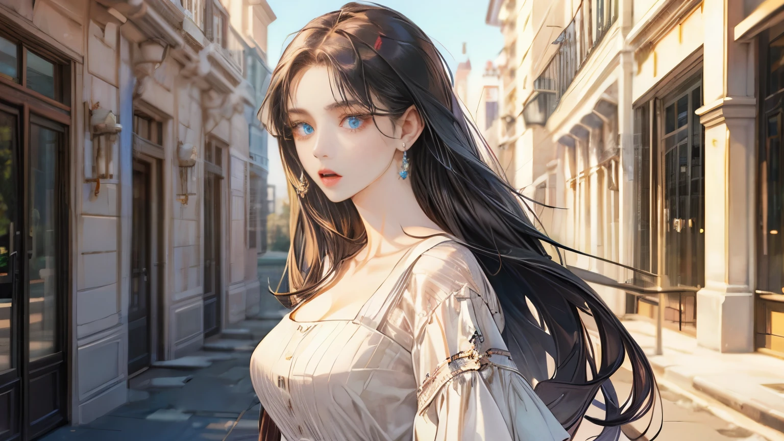 CEO women standing, street, right side view Long Hair, Black Hair, Breasts, Surprised, Blue eyes, 