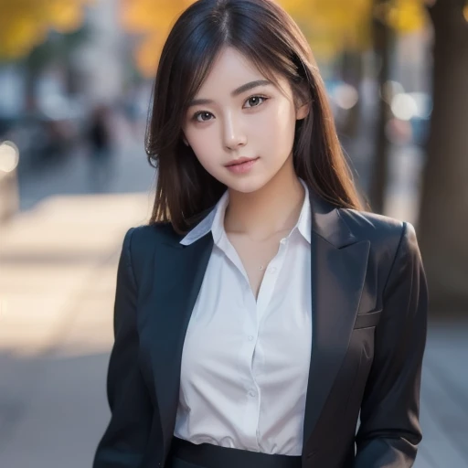 top-quality, masterpiece, (Photorealsitic:1.4), ultra-detailliert, Raw photo, 1girl in, 独奏, A smile, Dressed in a suit, portlate, The upper part of the body, City Background, natural soft light, bokeh dof